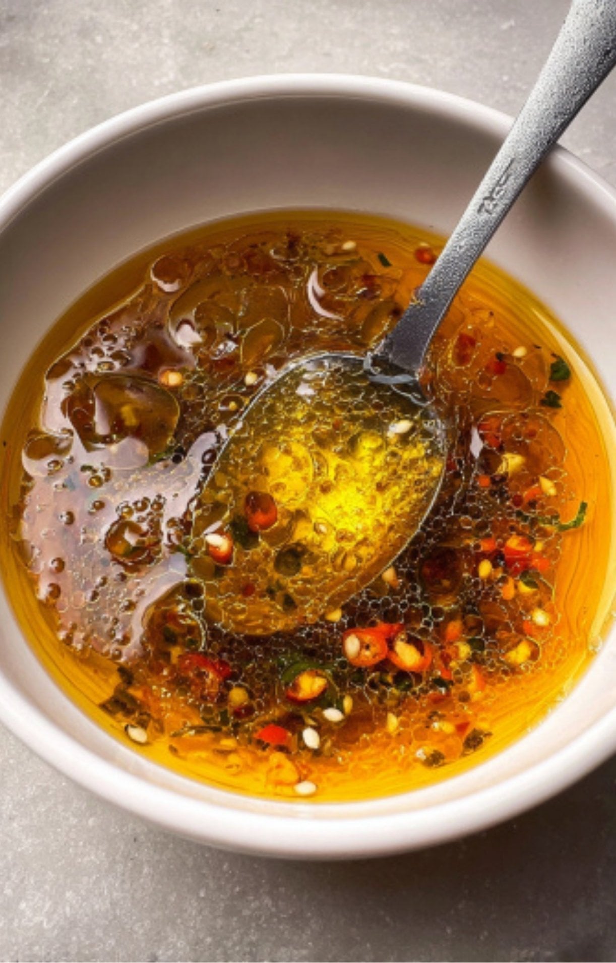 A close-up shot of a white bowl containing a vibrant chili-lime dressing with visible red chili flakes and oil droplets.