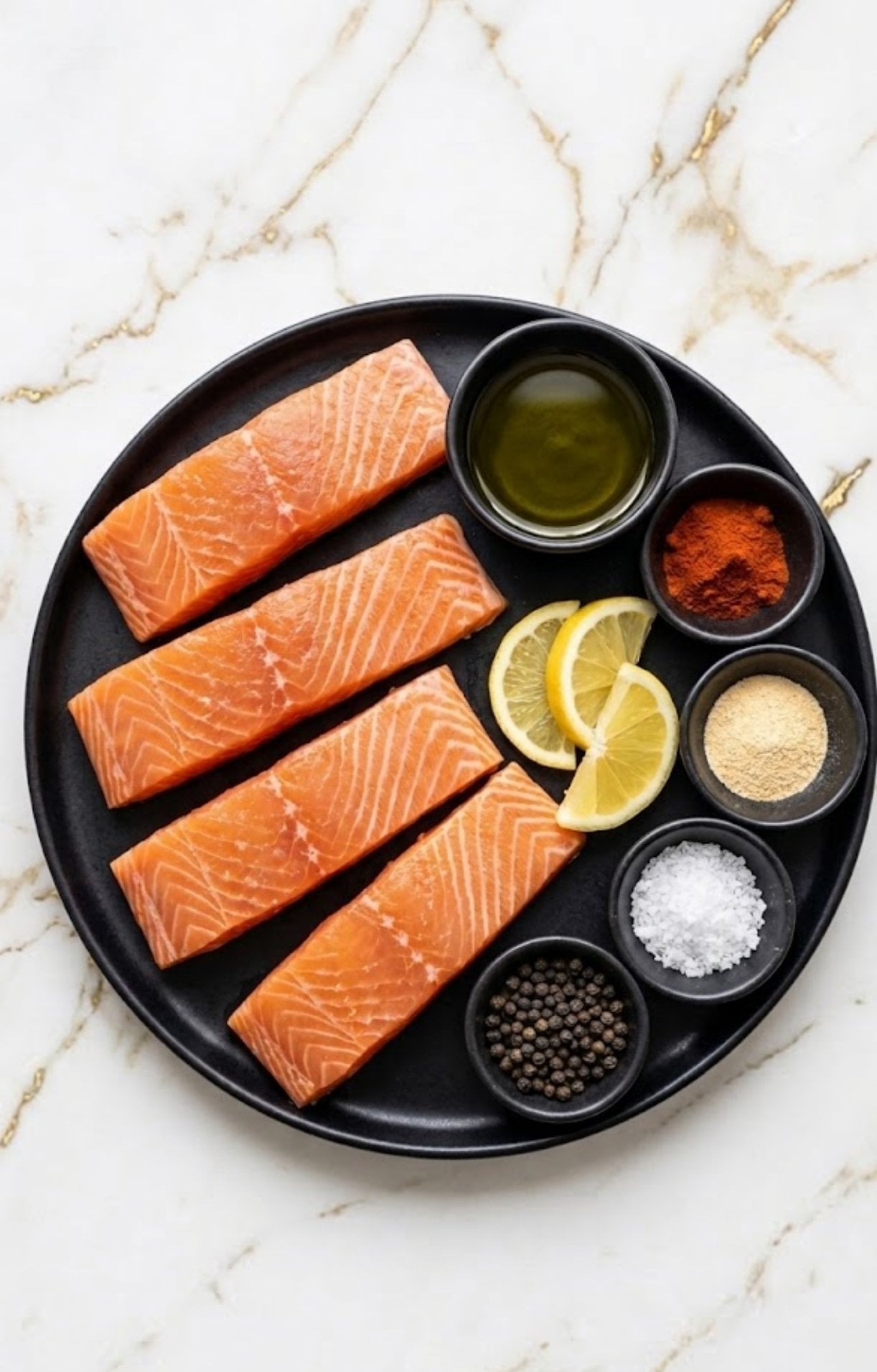 Raw salmon fillets arranged on a black plate with olive oil, lemon, salt, peppercorns, and spices for an easy air fryer salmon recipe.