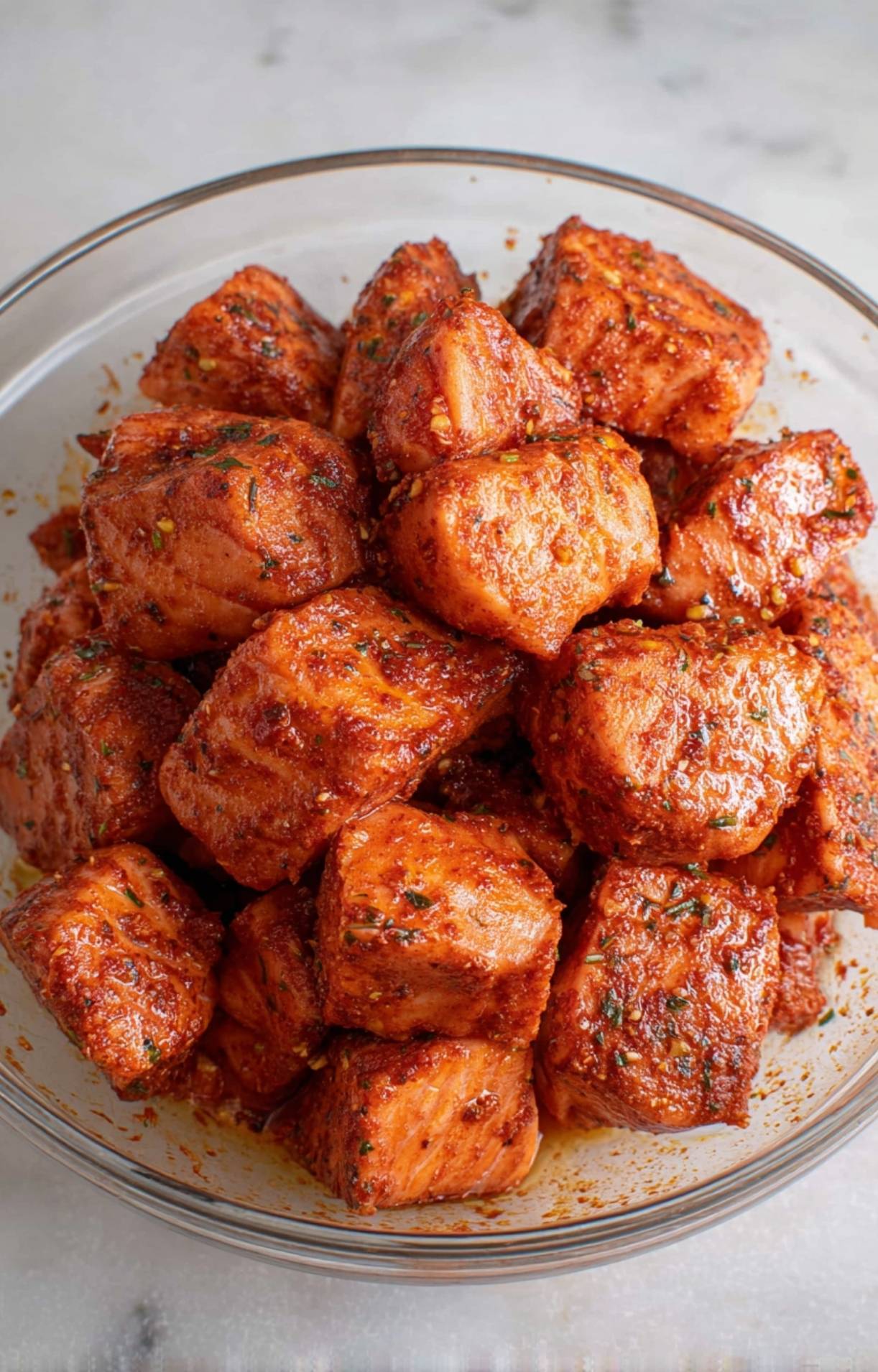 A glass mixing bowl containing cubed salmon thoroughly tossed in oil and spices, ensuring every piece of the Air Fryer Salmon Bites is well-marinated.