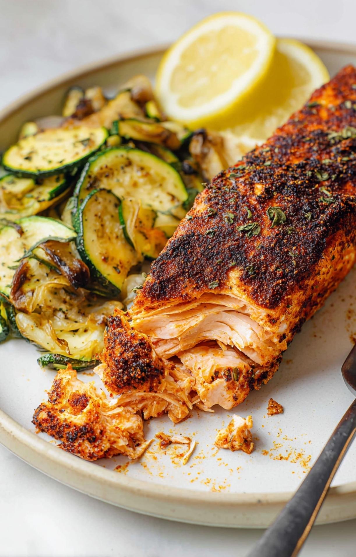 A fork pulling away a piece of cooked salmon to reveal the moist, flaky interior and the crunchy seasoned exterior.