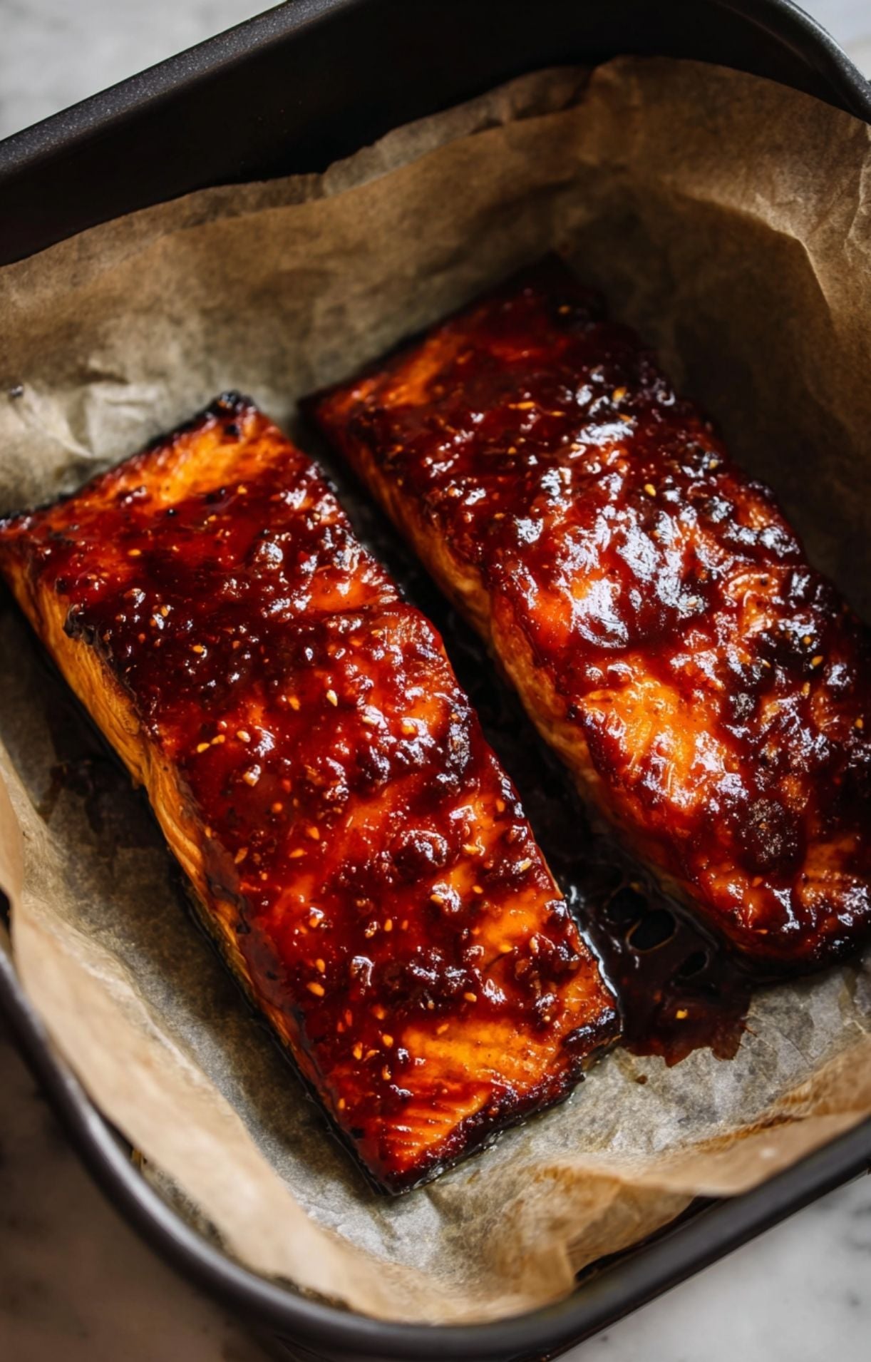 Two perfectly cooked salmon fillets with a bubbly, caramelized teriyaki glaze in an air fryer.