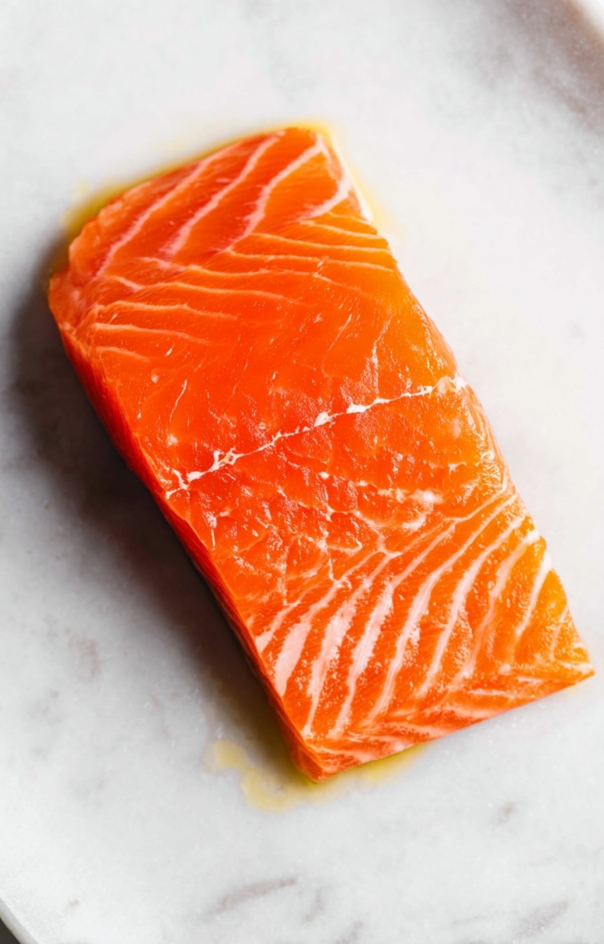 A close-up of a raw, bright pink salmon fillet drizzled with olive oil on a white marble surface, ready for seasoning.