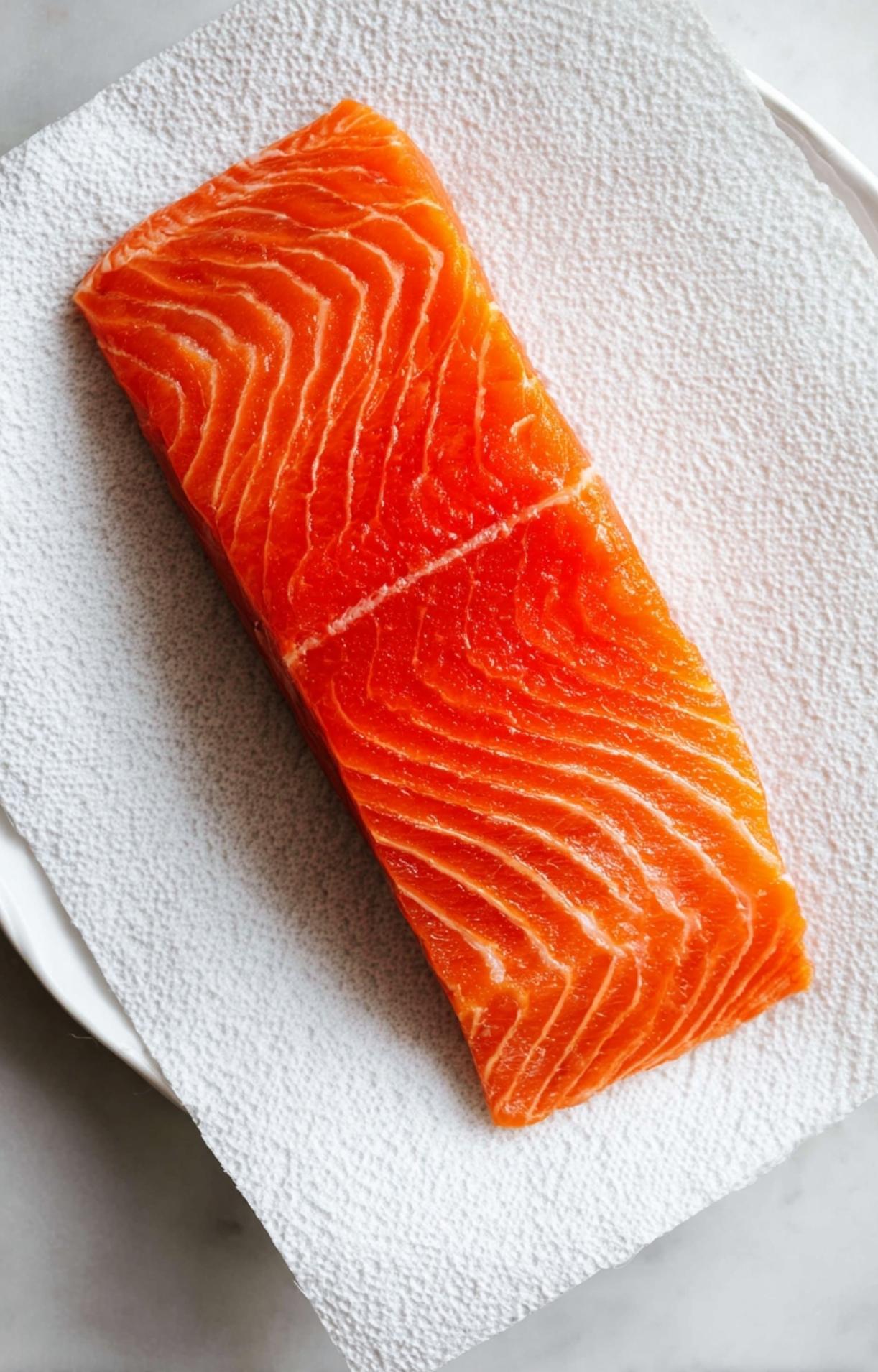 A fresh, raw salmon fillet being patted dry on a white paper towel to ensure the skin crisps up in the air fryer.