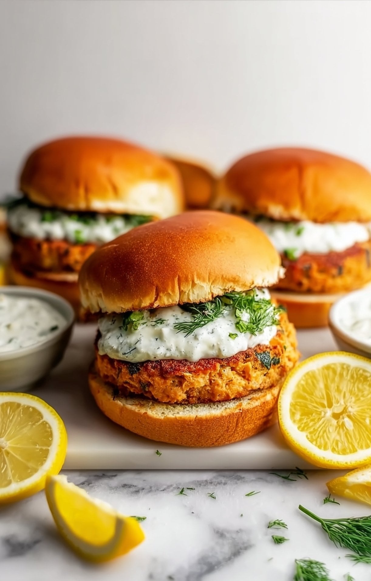 A spread of three fully assembled salmon burgers garnished with dill and surrounded by lemon slices.
