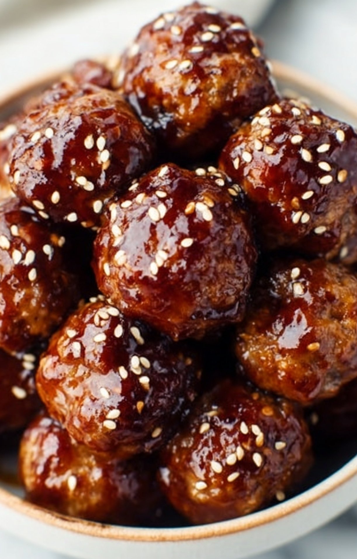 Detail view of meatballs featuring a thick, sticky sauce and a generous garnish of sesame seeds after cooking frozen meatballs in air fryer.