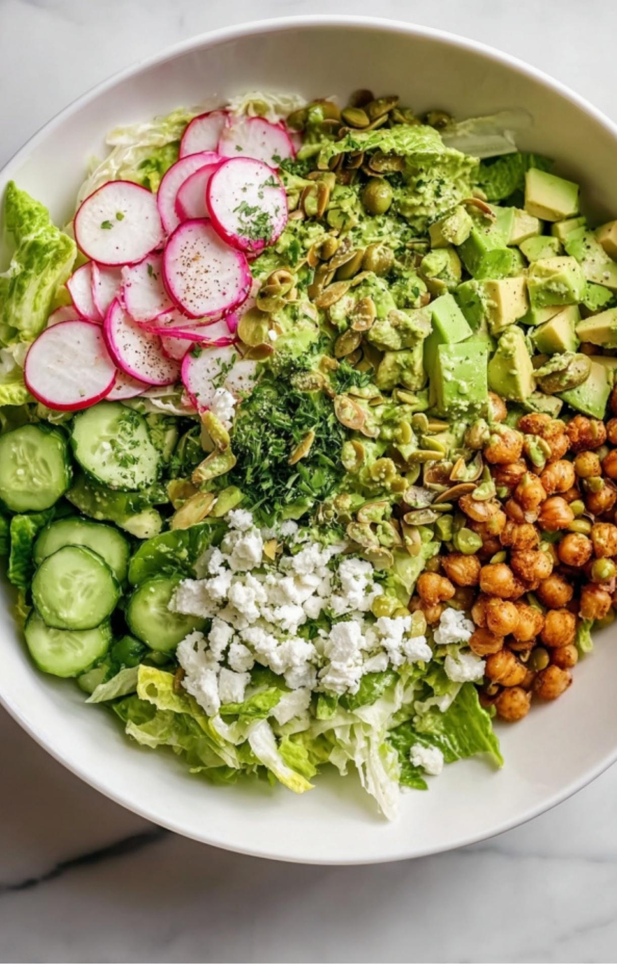 An organized bowl showing the fresh components of an Easy Steak Salad Recipe including radishes, chickpeas, cucumbers, feta, and pumpkin seeds.