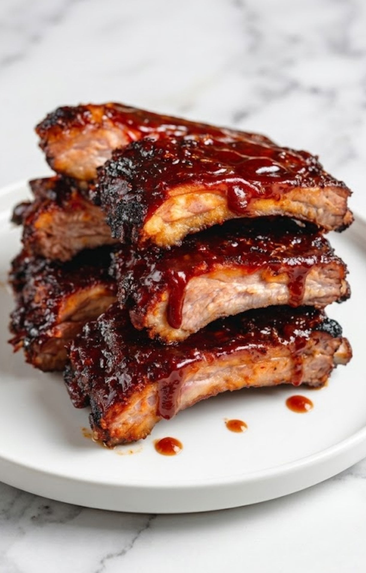 A professional shot of sliced, saucy baby back ribs stacked on a white plate over a white marble background.