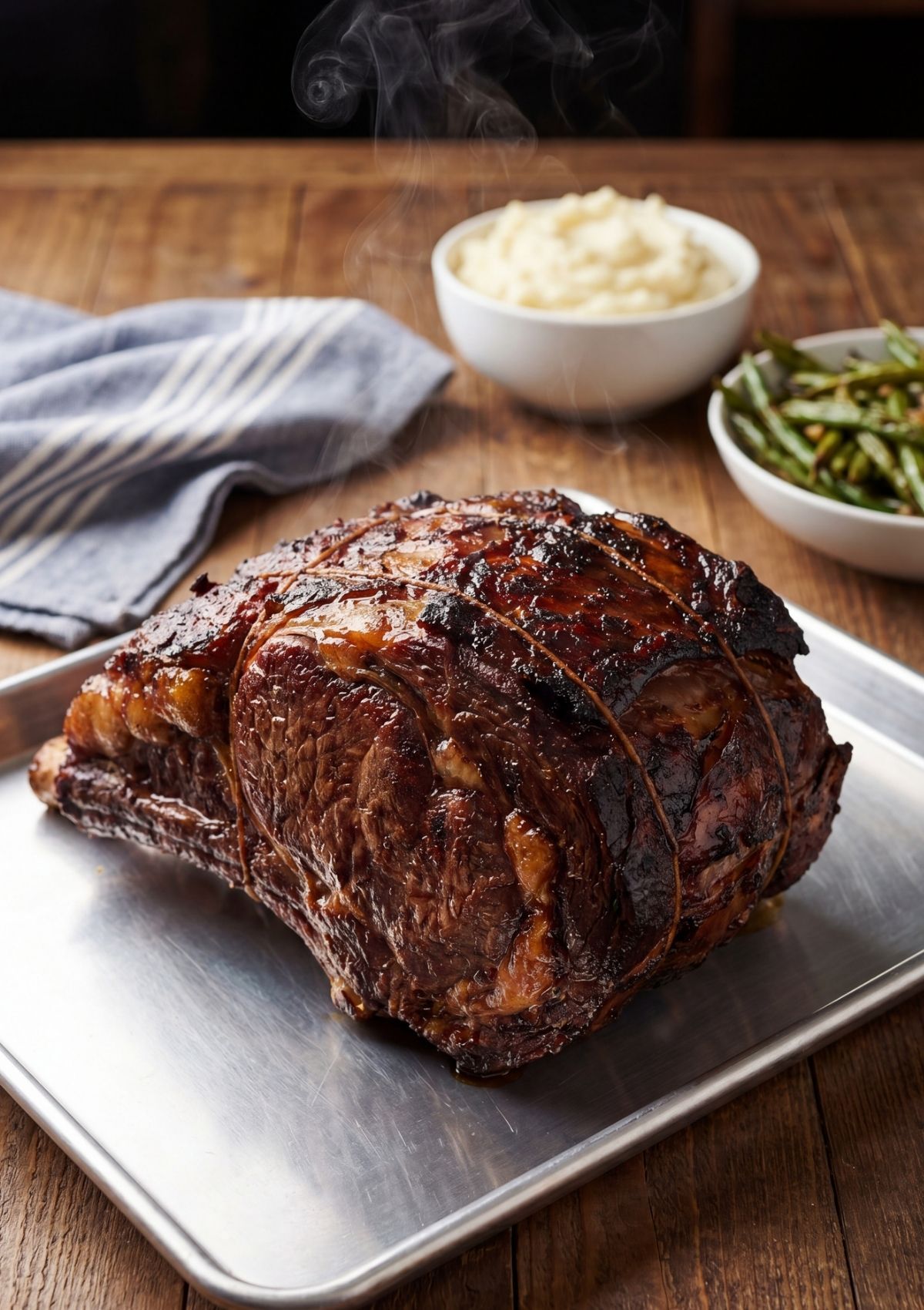 The completed pellet smoker standing rib roast resting on a metal tray, showing a dark, caramelized bark with mashed potatoes and green beans in the background.