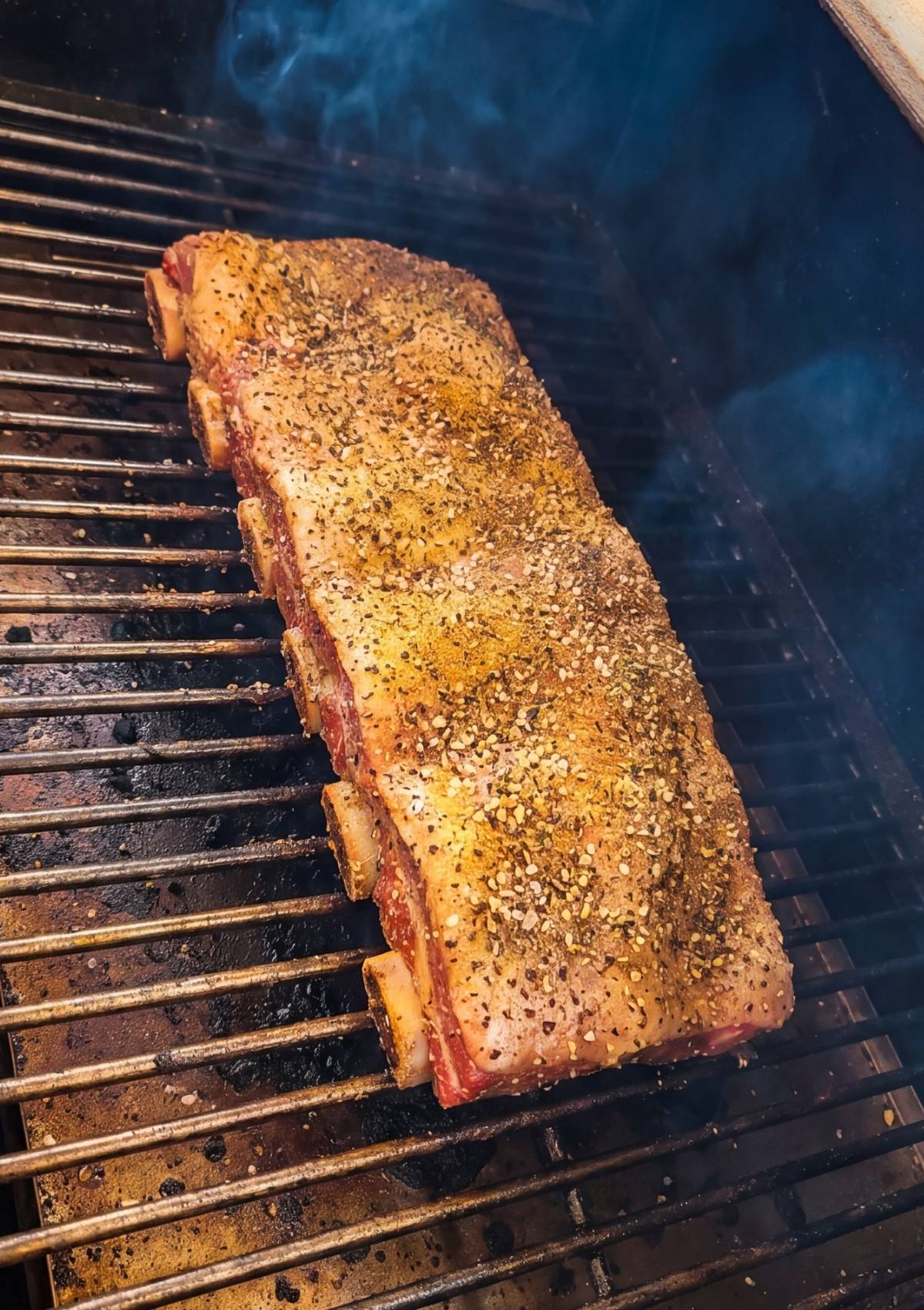 beef ribs pellet smoker recipe with seasoned ribs smoking on grill grates with visible smoke flavor
