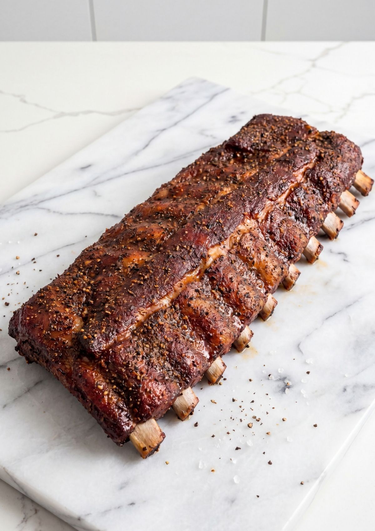 whole rack of smoked spare ribs with dark bark and seasoning on marble board