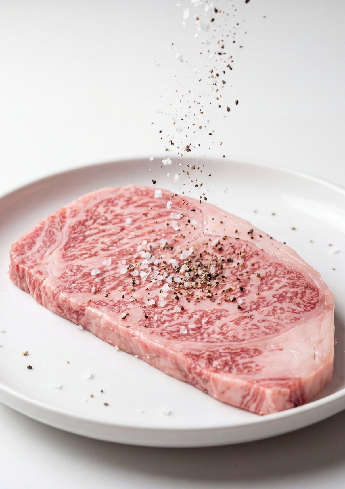 Japanese A5 wagyu beef recipe seasoning raw steak with salt and pepper for simple gourmet steak dinner