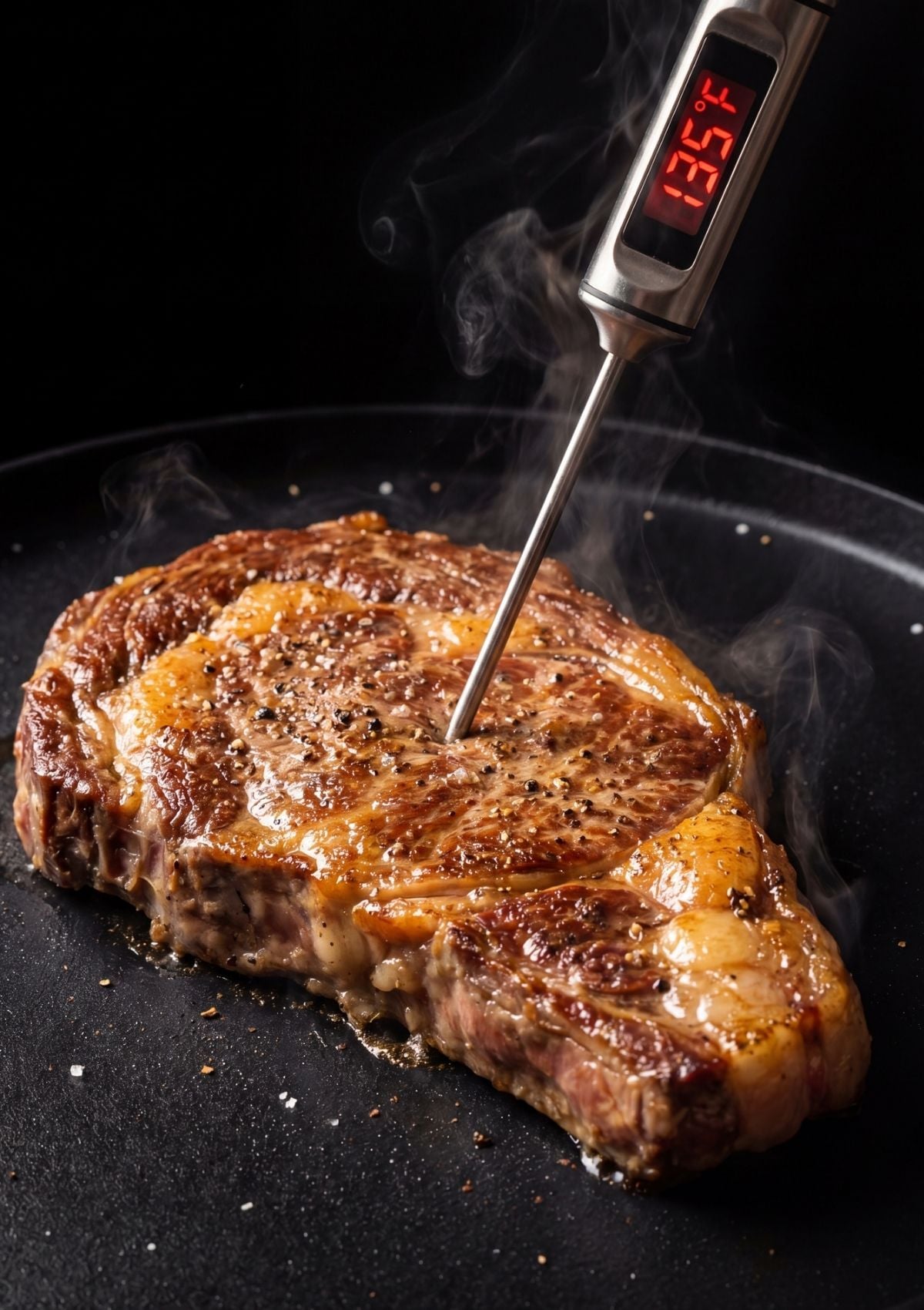 A digital meat thermometer inserted into a thick Wagyu steak showing an internal temperature of 135°F for a perfect medium-rare finish.