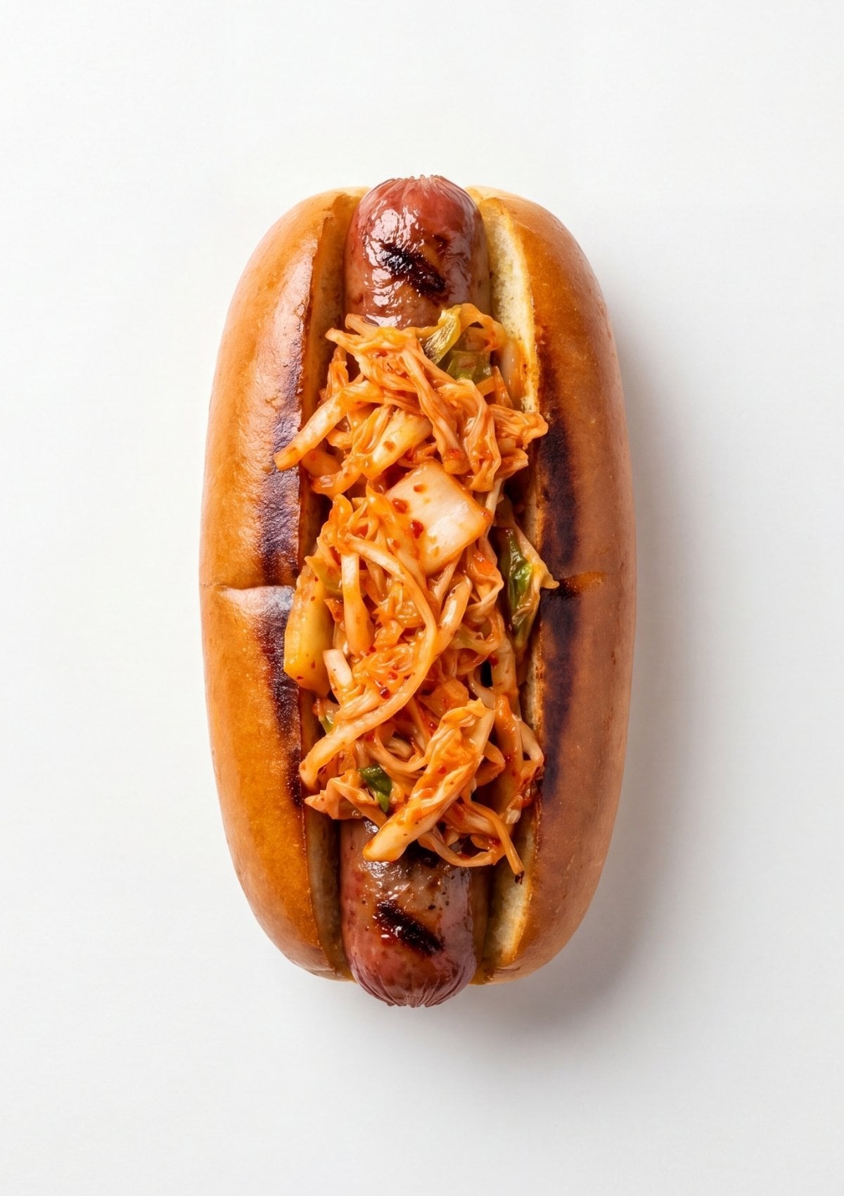 wagyu beef hot dogs with spicy kimchi topping in toasted bun Korean style gourmet hot dog