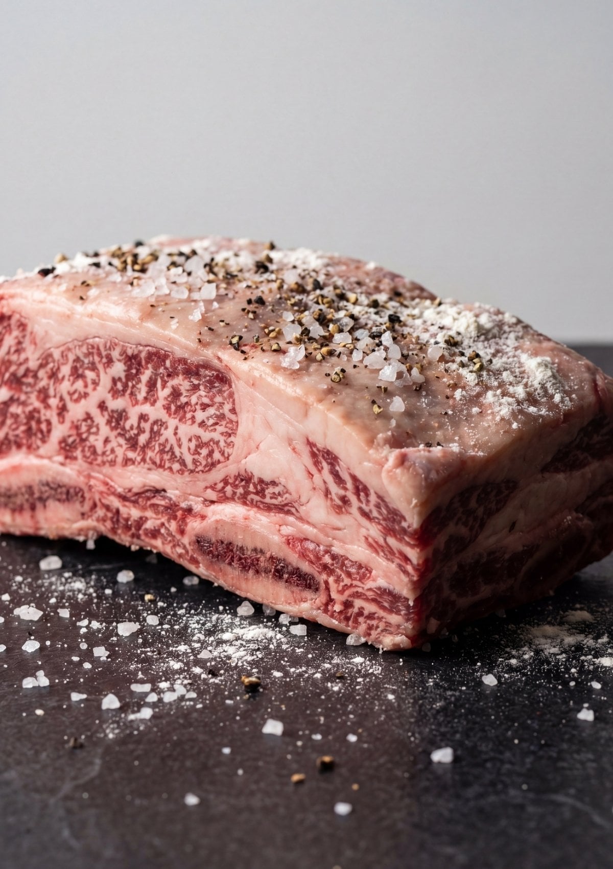raw wagyu beef short ribs with seasoning ready for braised wagyu beef short ribs recipe
