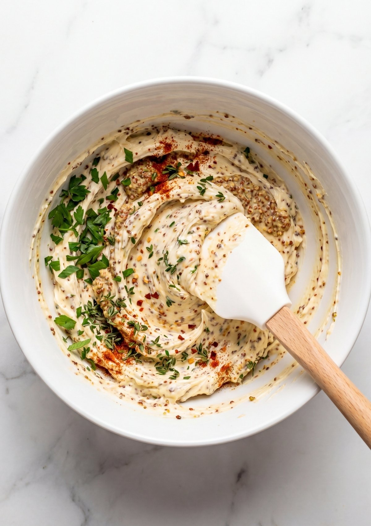 creamy cowboy butter sauce with herbs mustard and spices mixed in a bowl for cowboy butter spaghetti recipe