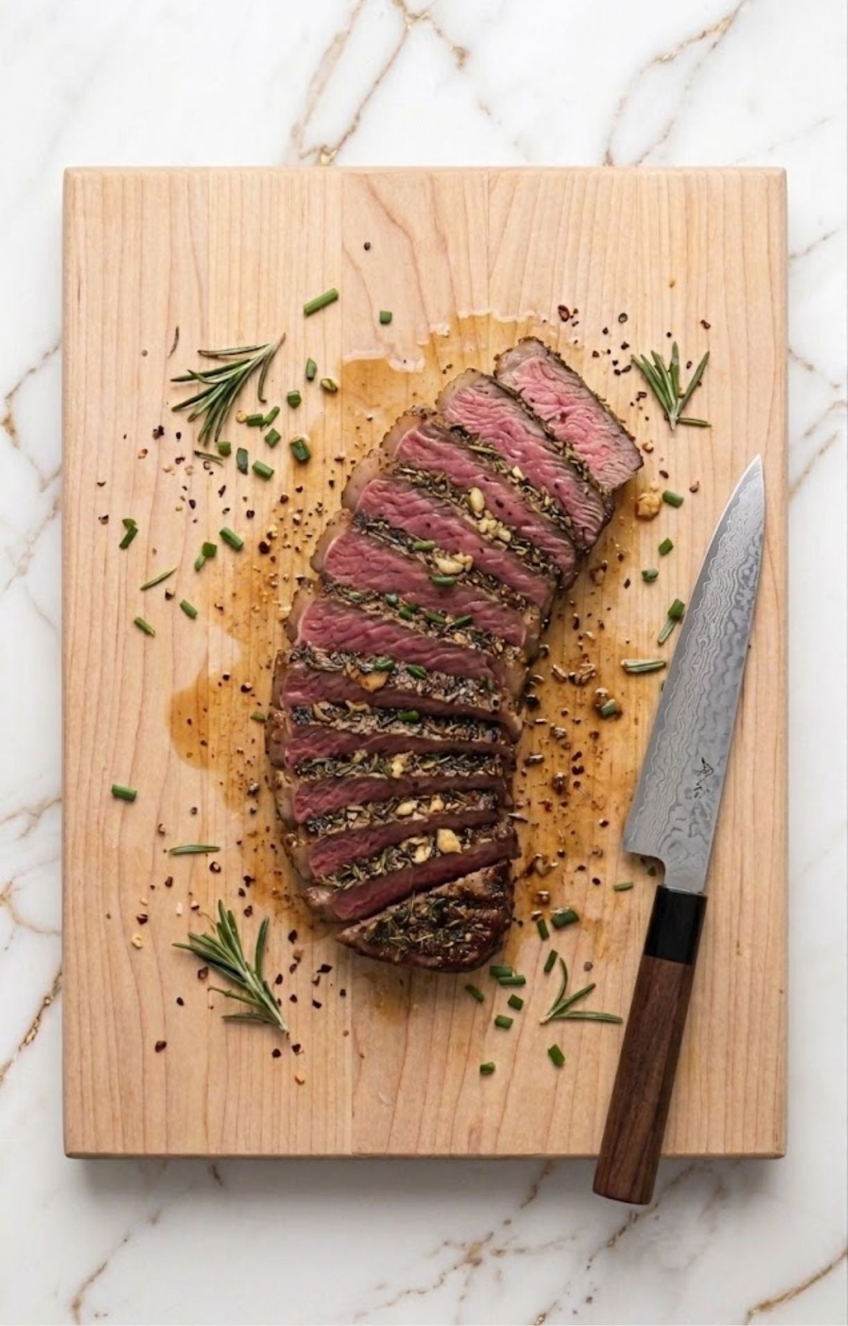 The grilled steak sliced into even strips on a wooden cutting board, revealing a juicy medium-rare interior next to a professional chef's knife.