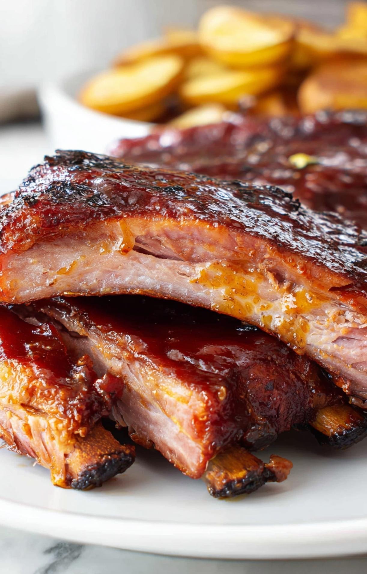 Extreme close-up of a sliced rib showing the moisture and smoke ring detail in this Pellet Smoker Ribs Recipe.