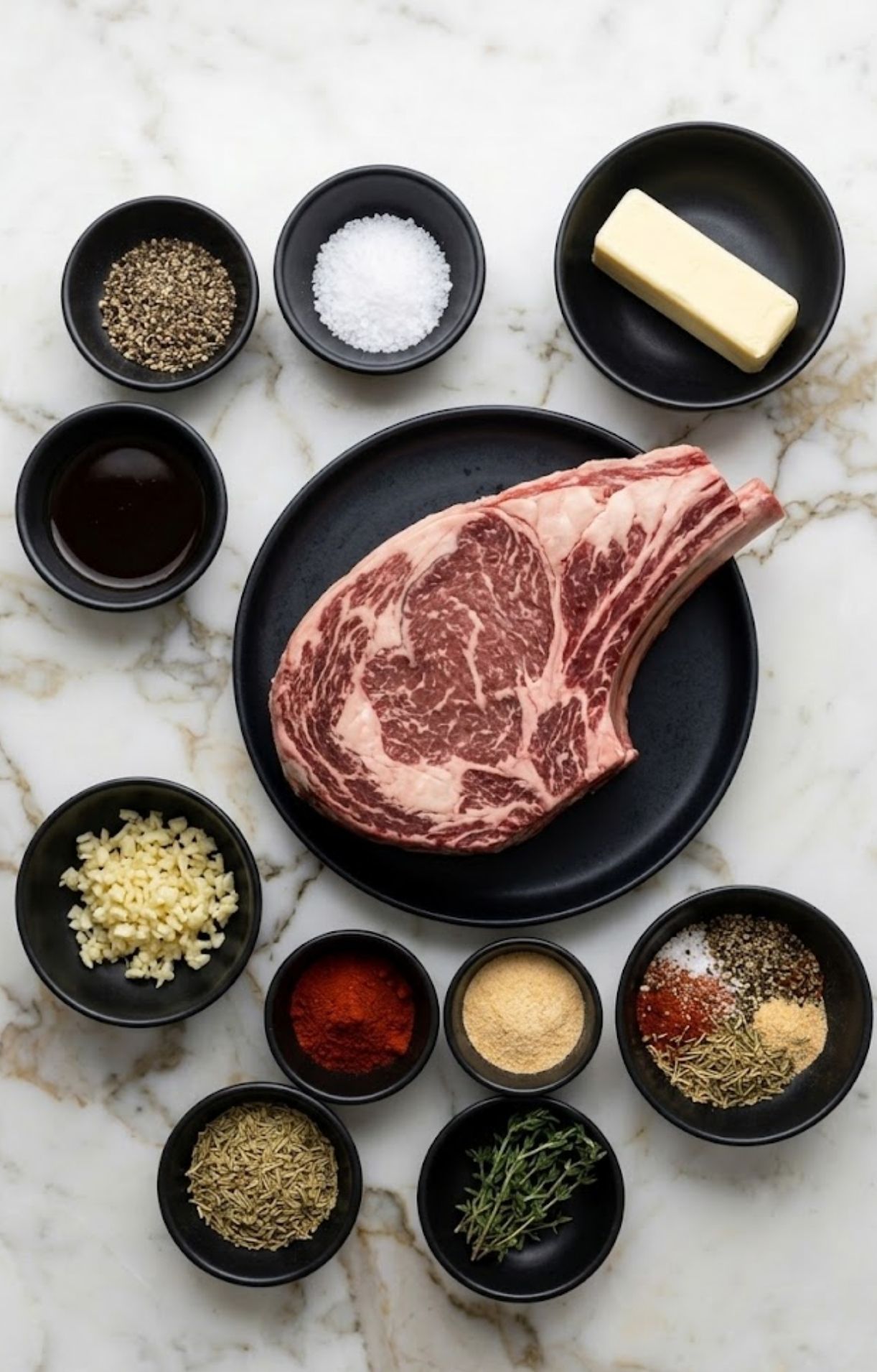 An overhead flat-lay arrangement of raw bone-in prime rib, butter, garlic, herbs, and various spices in small black bowls.