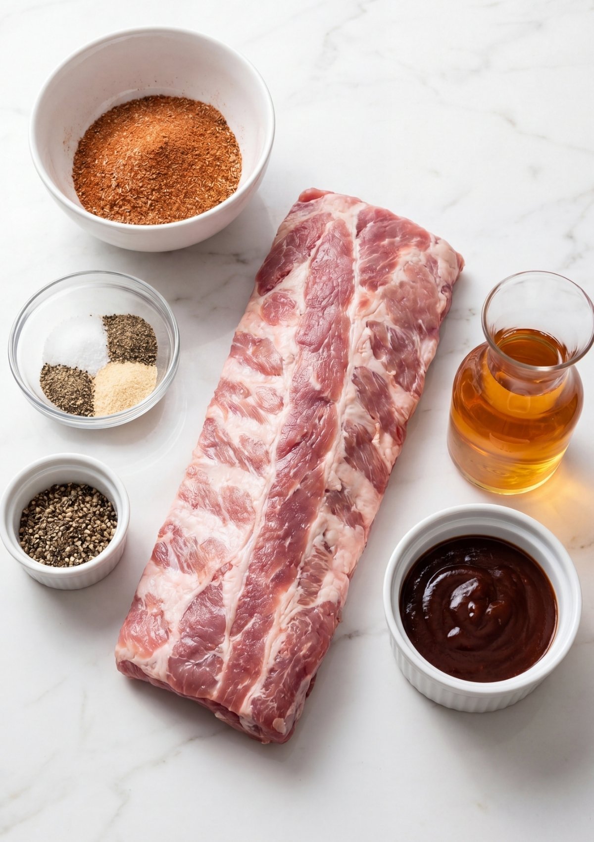 raw pork spare ribs with bbq rub spices and sauce ingredients for pellet smoker spare ribs recipe prep