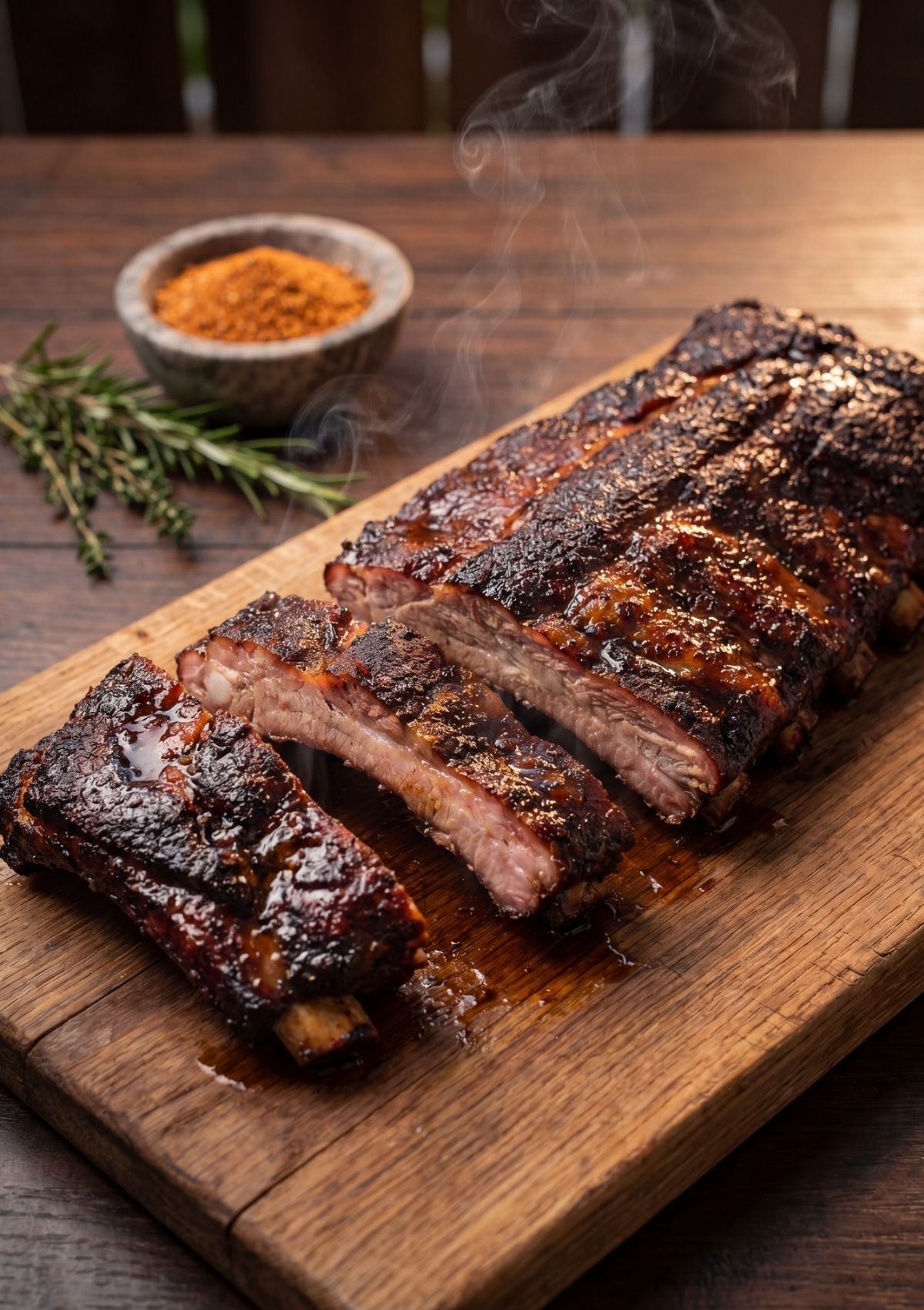 smoked ribs cut into pieces with visible smoke and seasoning crust from pellet smoker recipe
