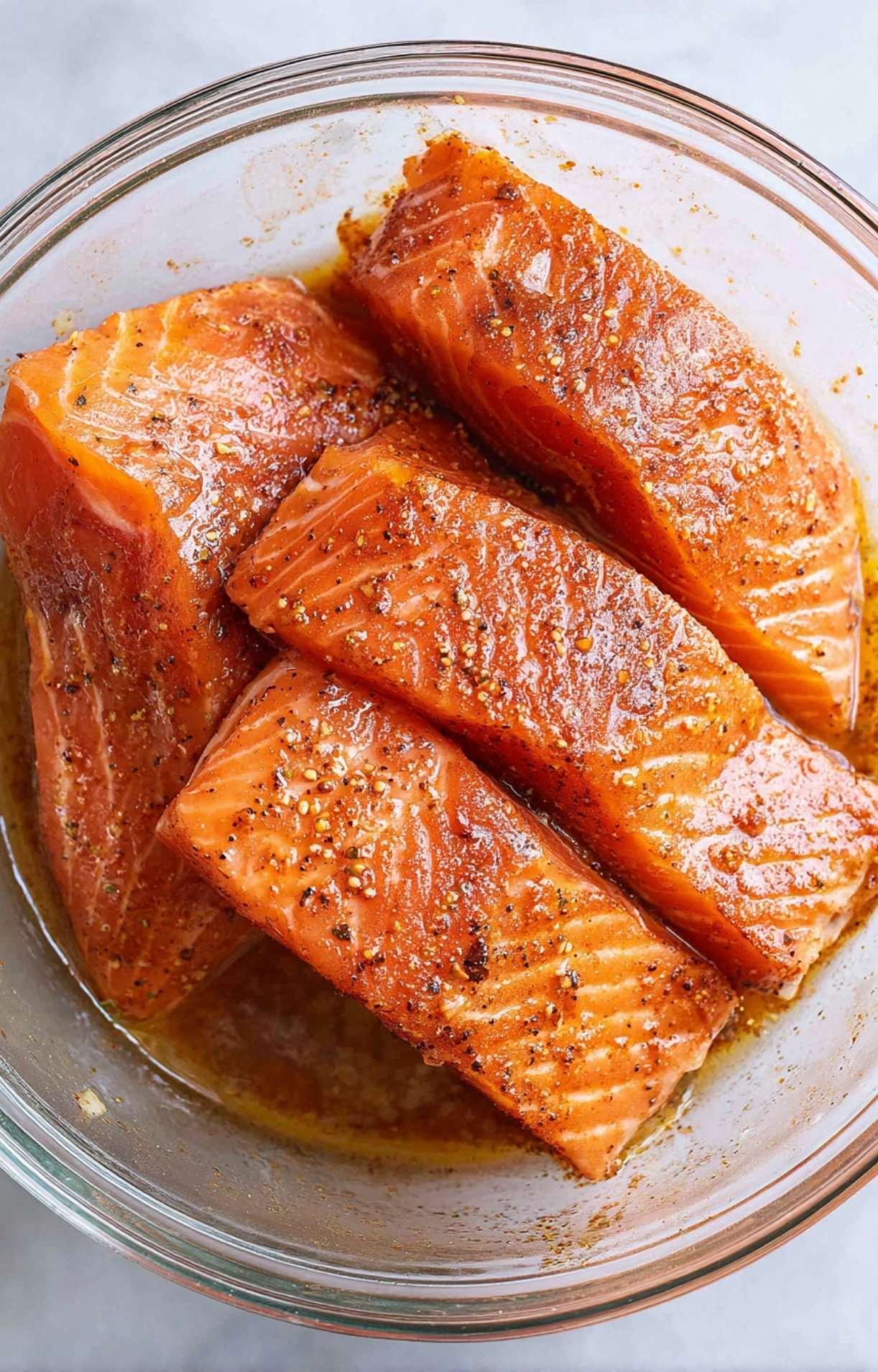 Raw salmon pieces being tossed in a bowl with oil and spices to prep for an easy air fryer salmon recipe.