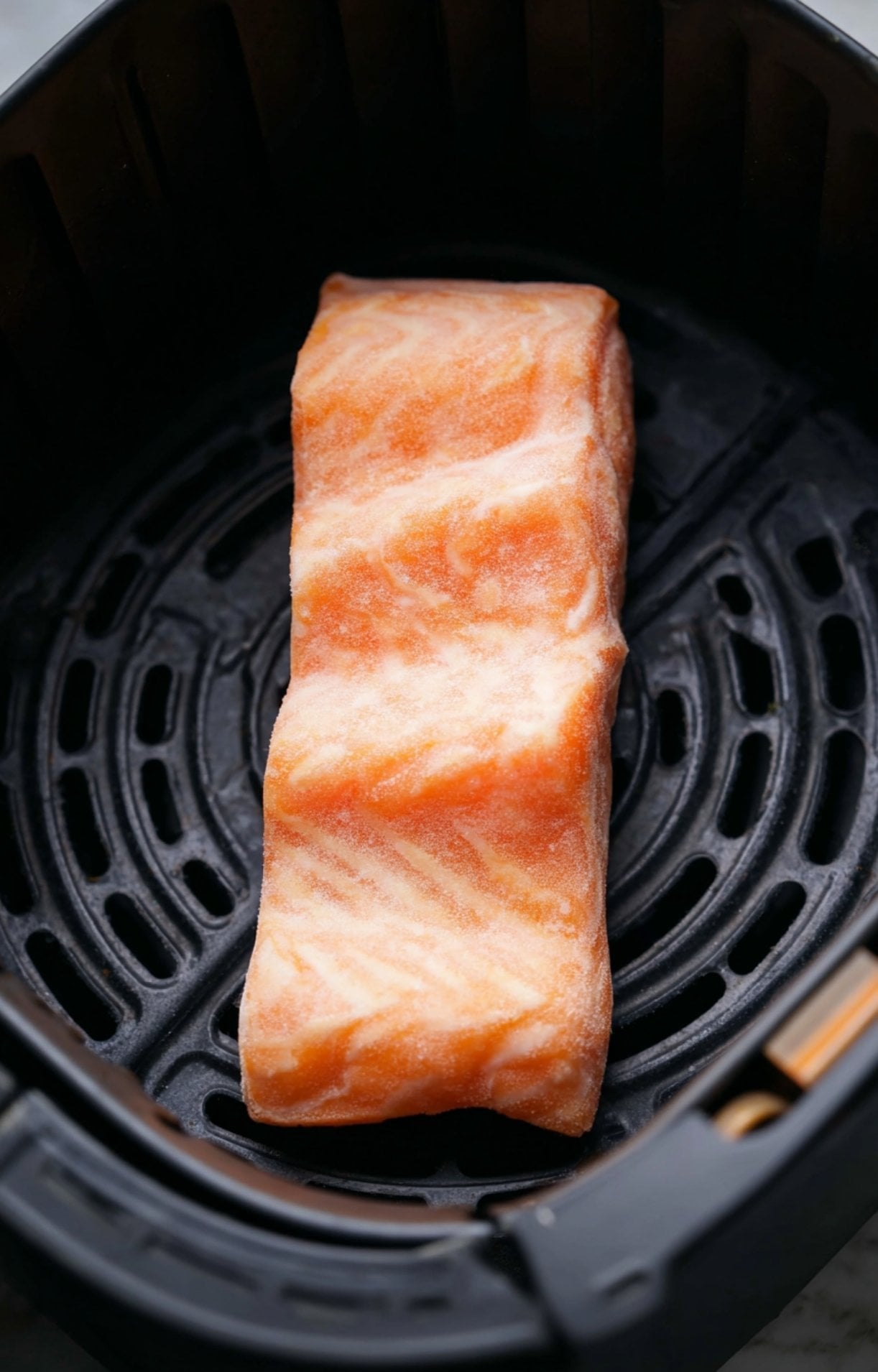 A single frozen salmon fillet positioned in the center of a black air fryer basket before cooking.