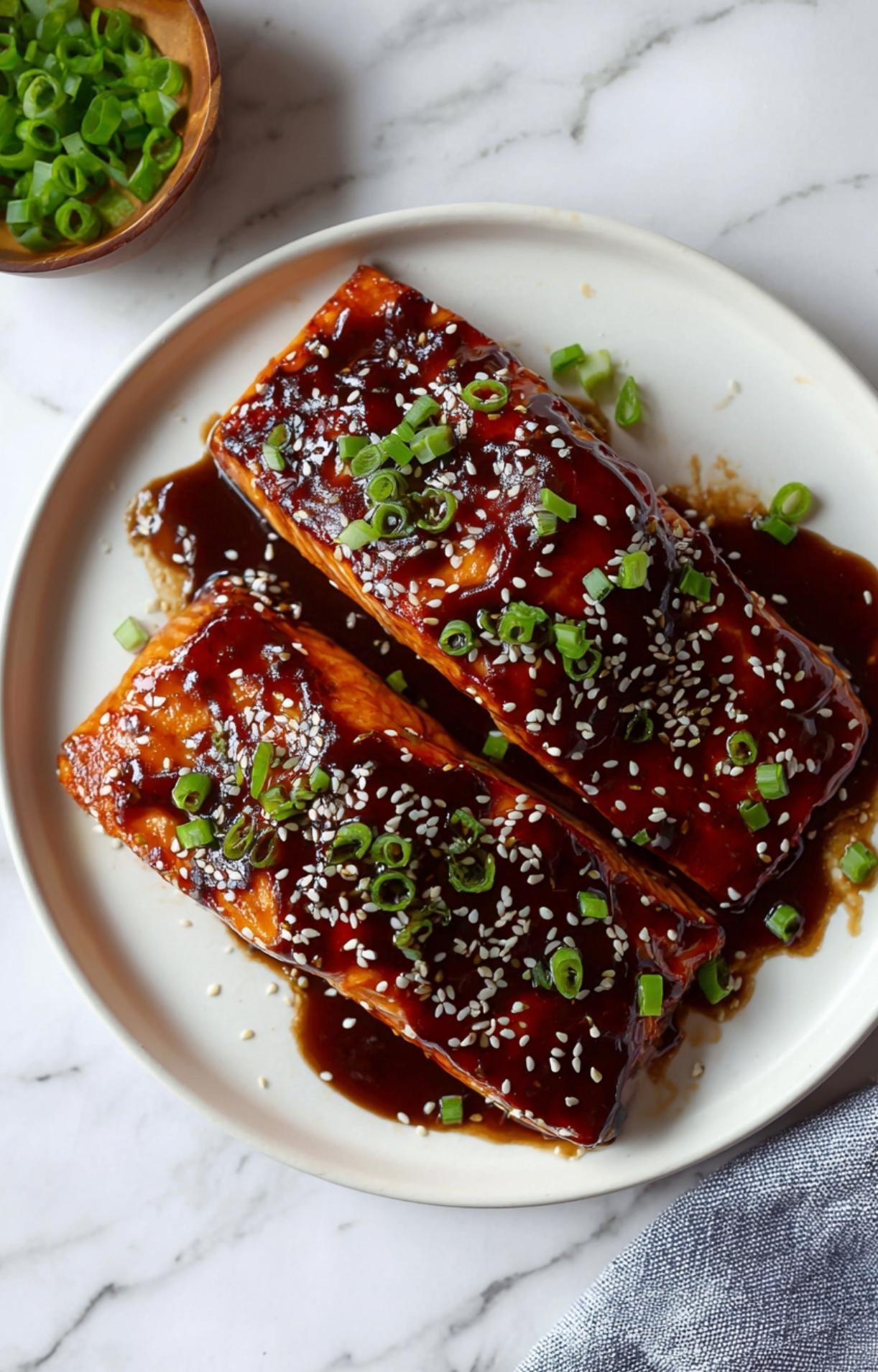 Top-down view of glazed salmon fillets on a white plate topped with sesame seeds and green onions.