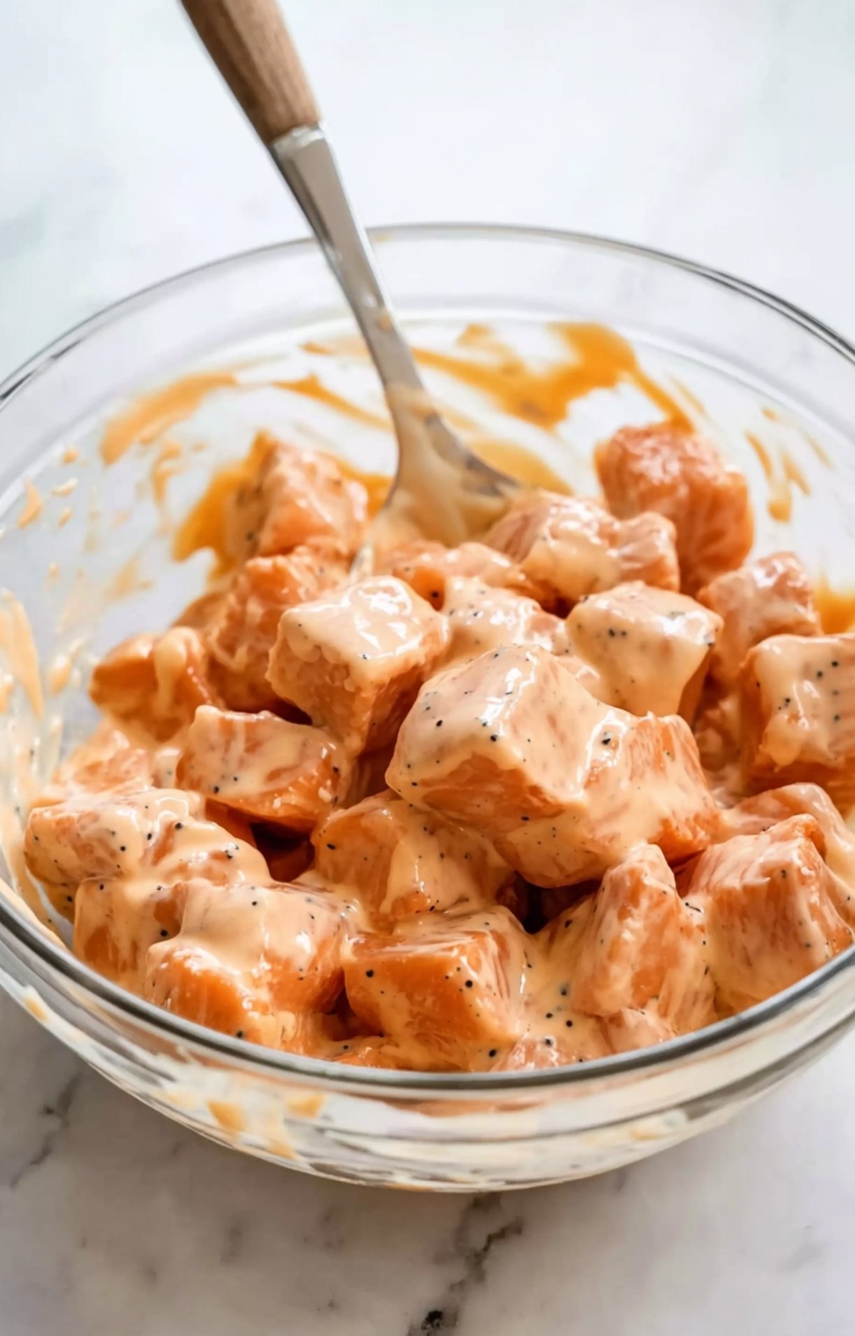 Fresh salmon cubes being tossed and thoroughly coated in a creamy sriracha mayo marinade for an Air Fryer Salmon Bowl.