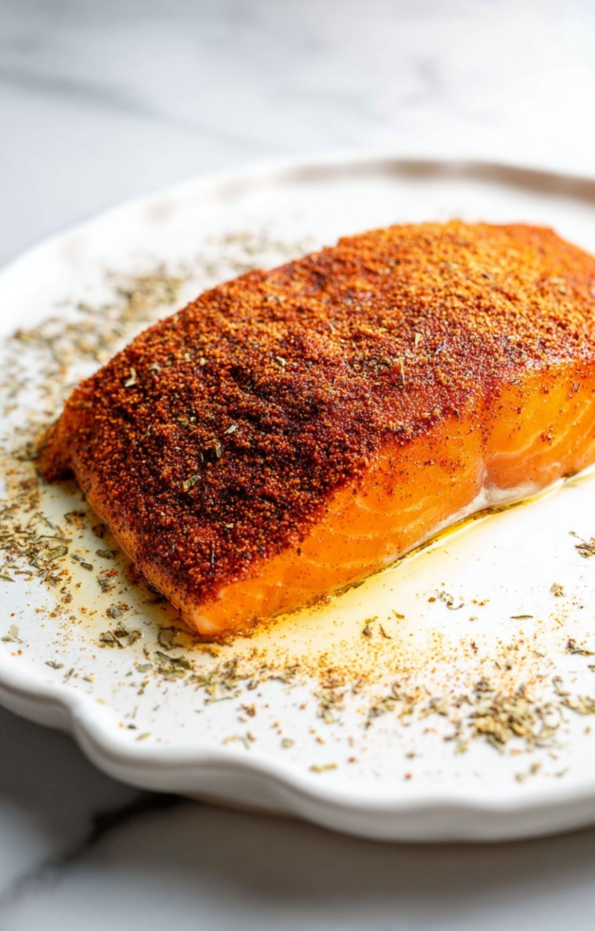 A raw salmon fillet generously coated in a thick layer of reddish-brown blackened seasoning and dried herbs on a white plate.