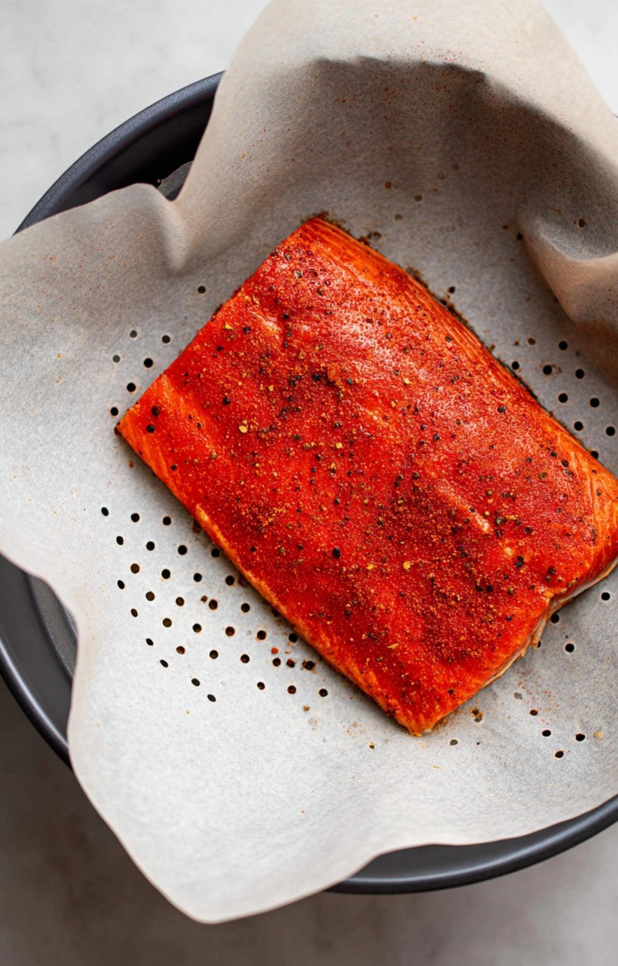 A seasoned sockeye salmon fillet placed on a piece of perforated parchment paper inside an air fryer basket.