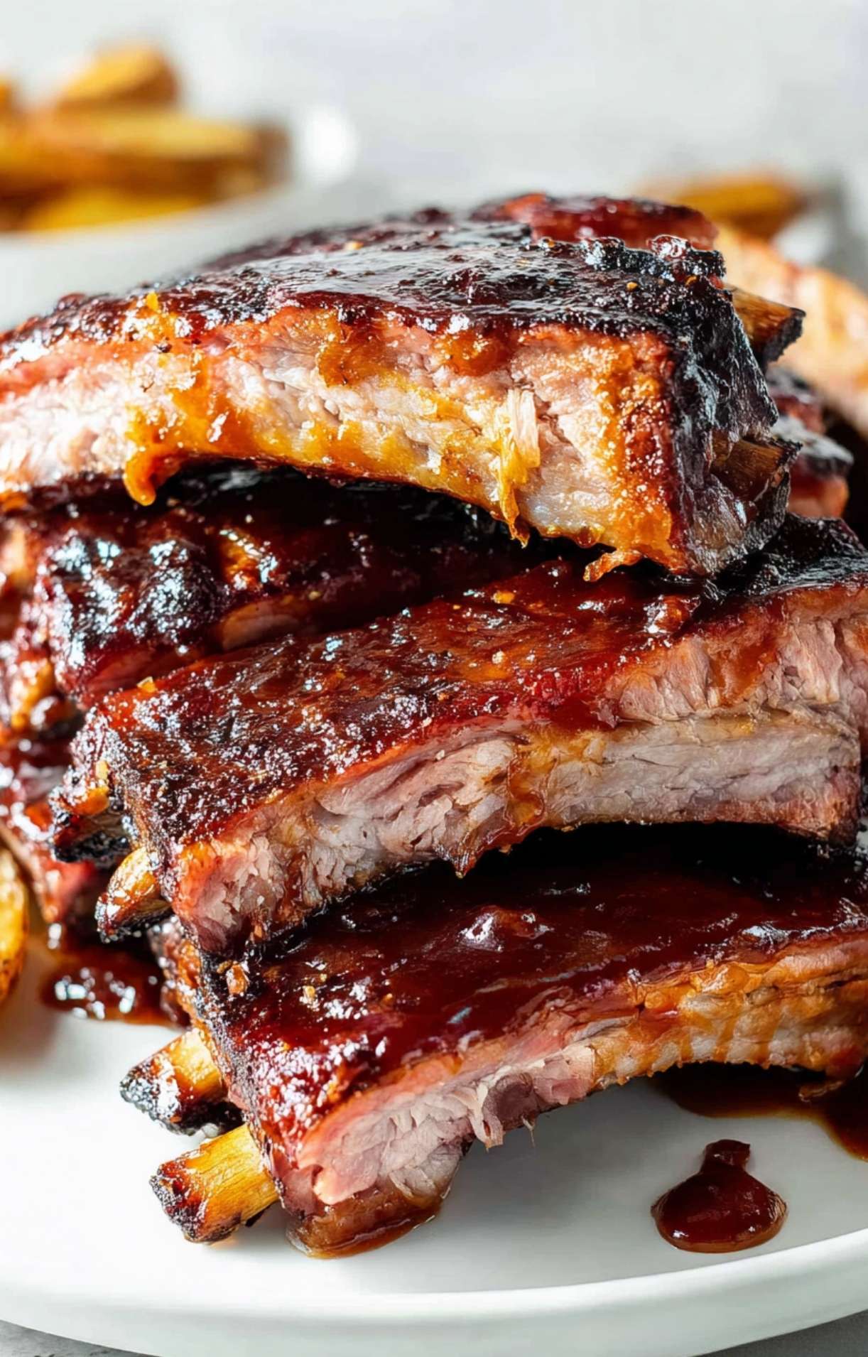 Macro shot of stacked, juicy smoked ribs with visible fat rendering and thick sauce, highlighting a Pellet Smoker Ribs Recipe.