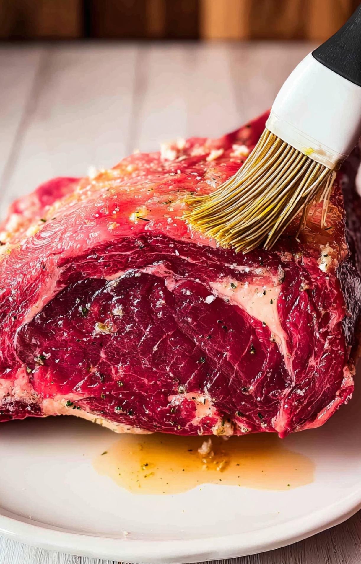 A culinary brush applying a garlic butter mixture to the surface of a raw, marbled prime rib roast.