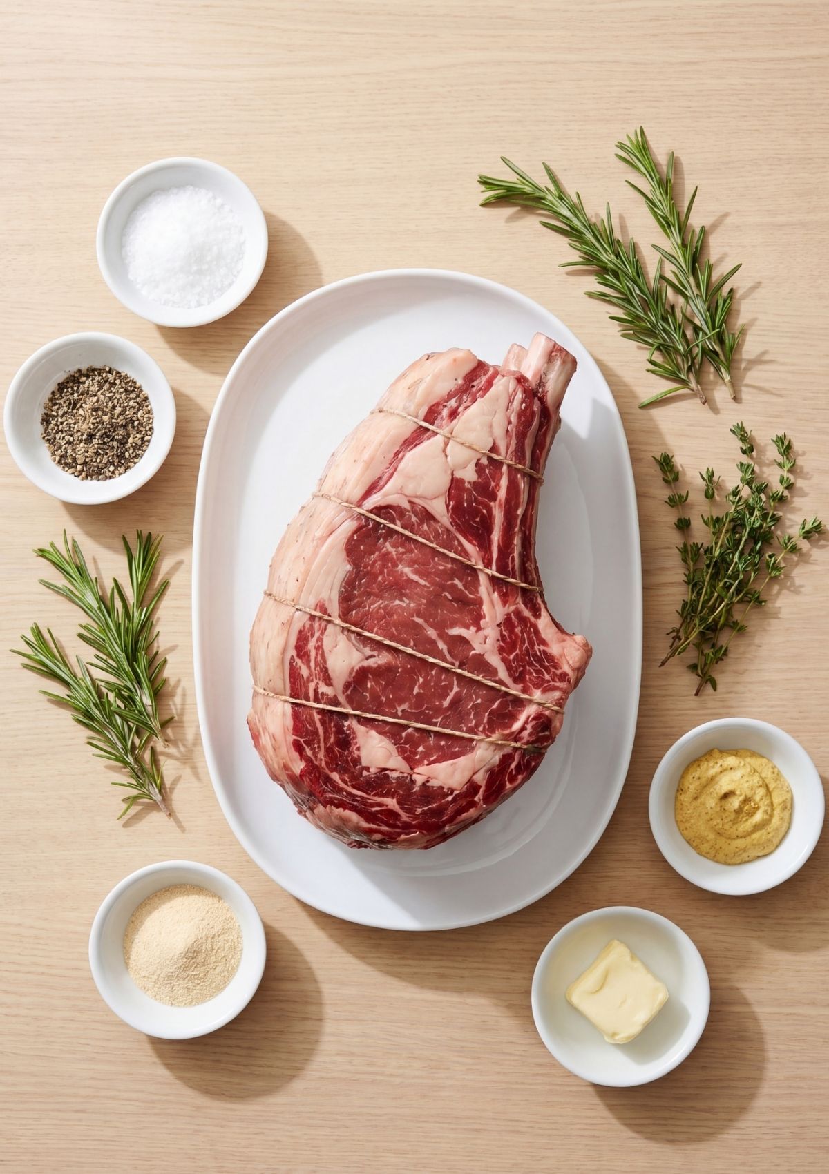 A raw standing rib roast tied with butcher's twine on a white platter, surrounded by bowls of salt, pepper, garlic powder, mustard, butter, and fresh rosemary and thyme.