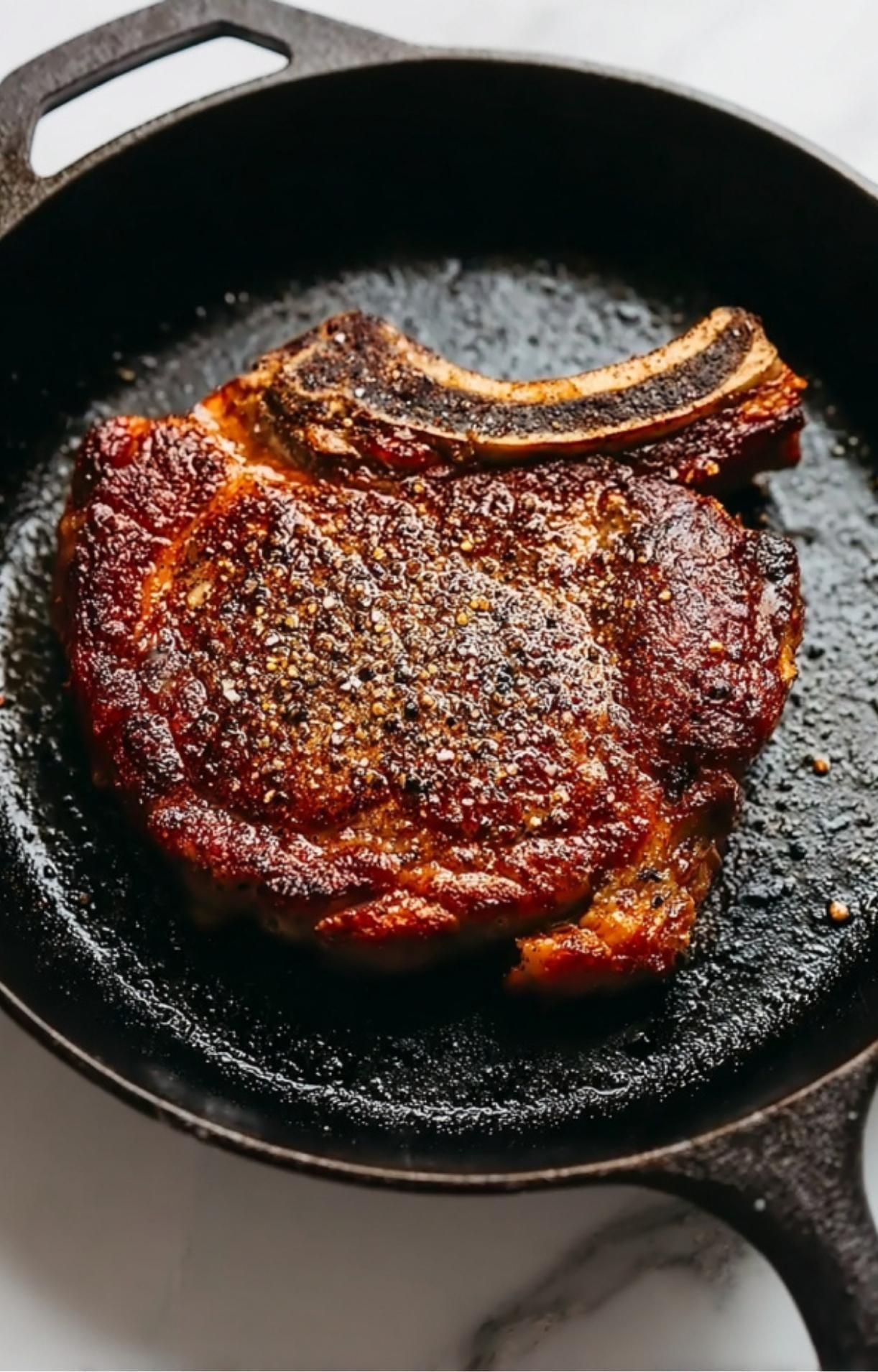 A thick-cut steak seasoned with cracked pepper searing in a hot cast-iron skillet, a crucial step for a flavorful Easy Steak Salad Recipe.