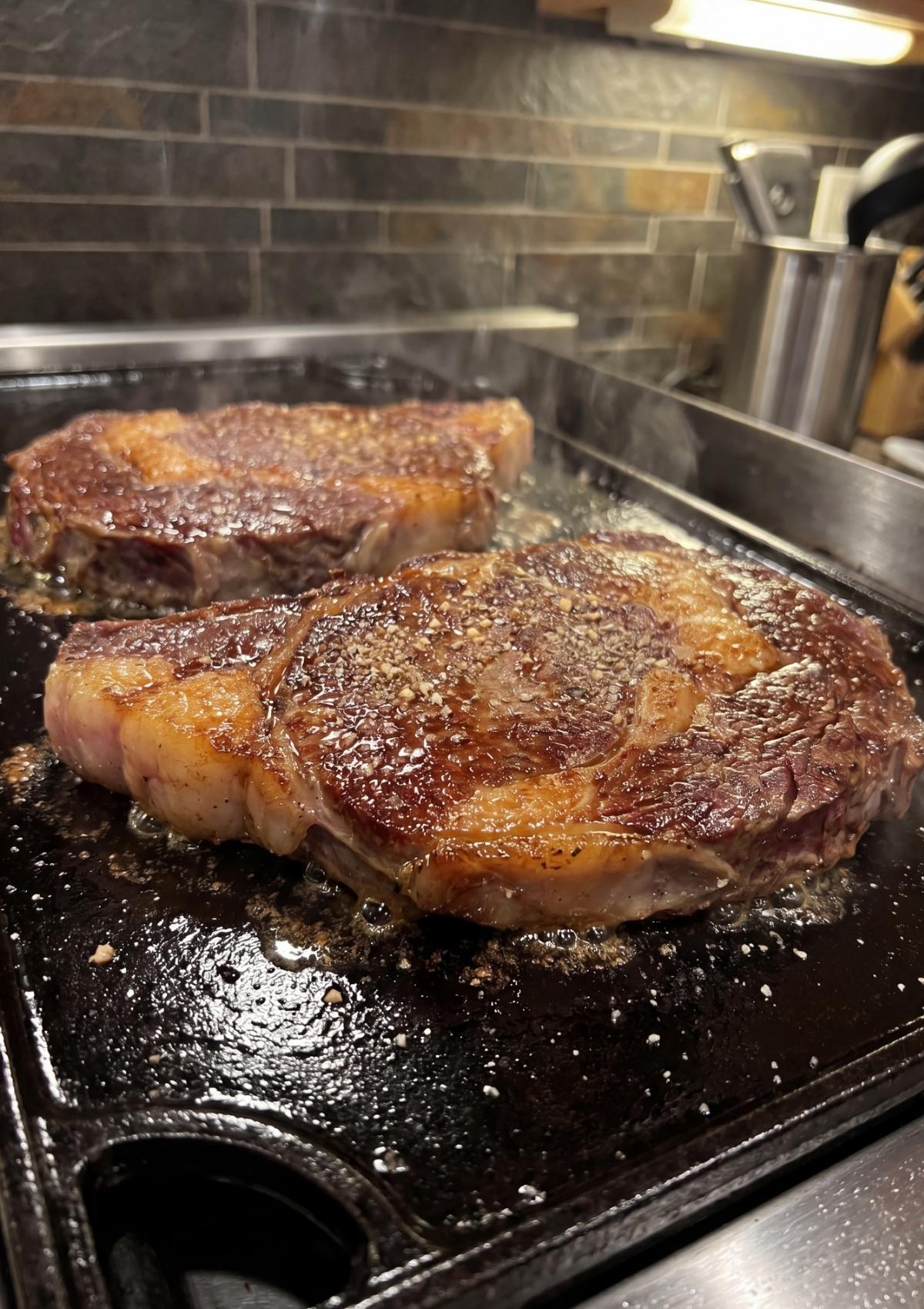 Wagyu ribeye steaks cooking on a griddle, showing a deep golden-brown caramelized crust on the surface.