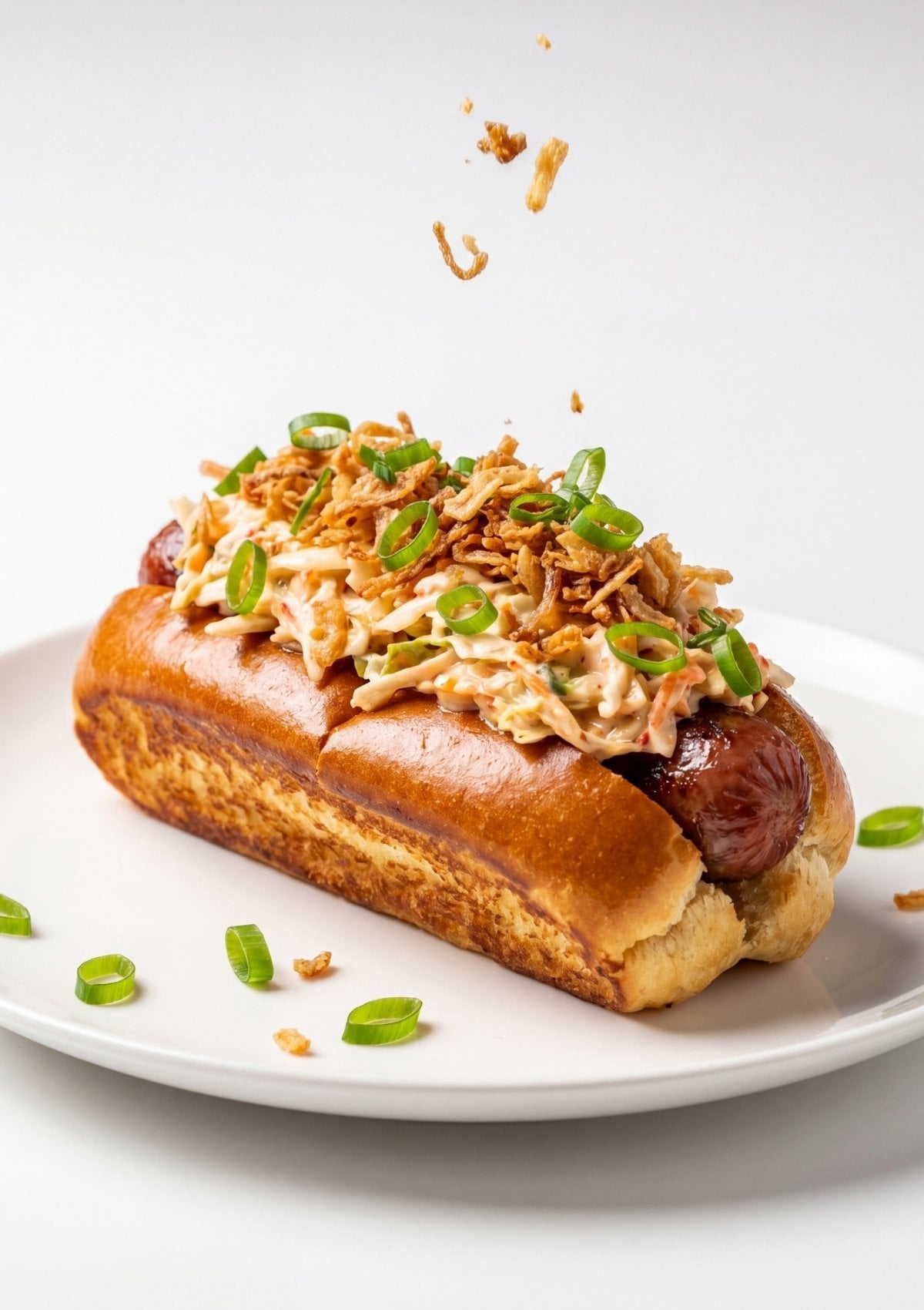 wagyu beef hot dogs topped with creamy slaw crispy onions and green onions gourmet street food style