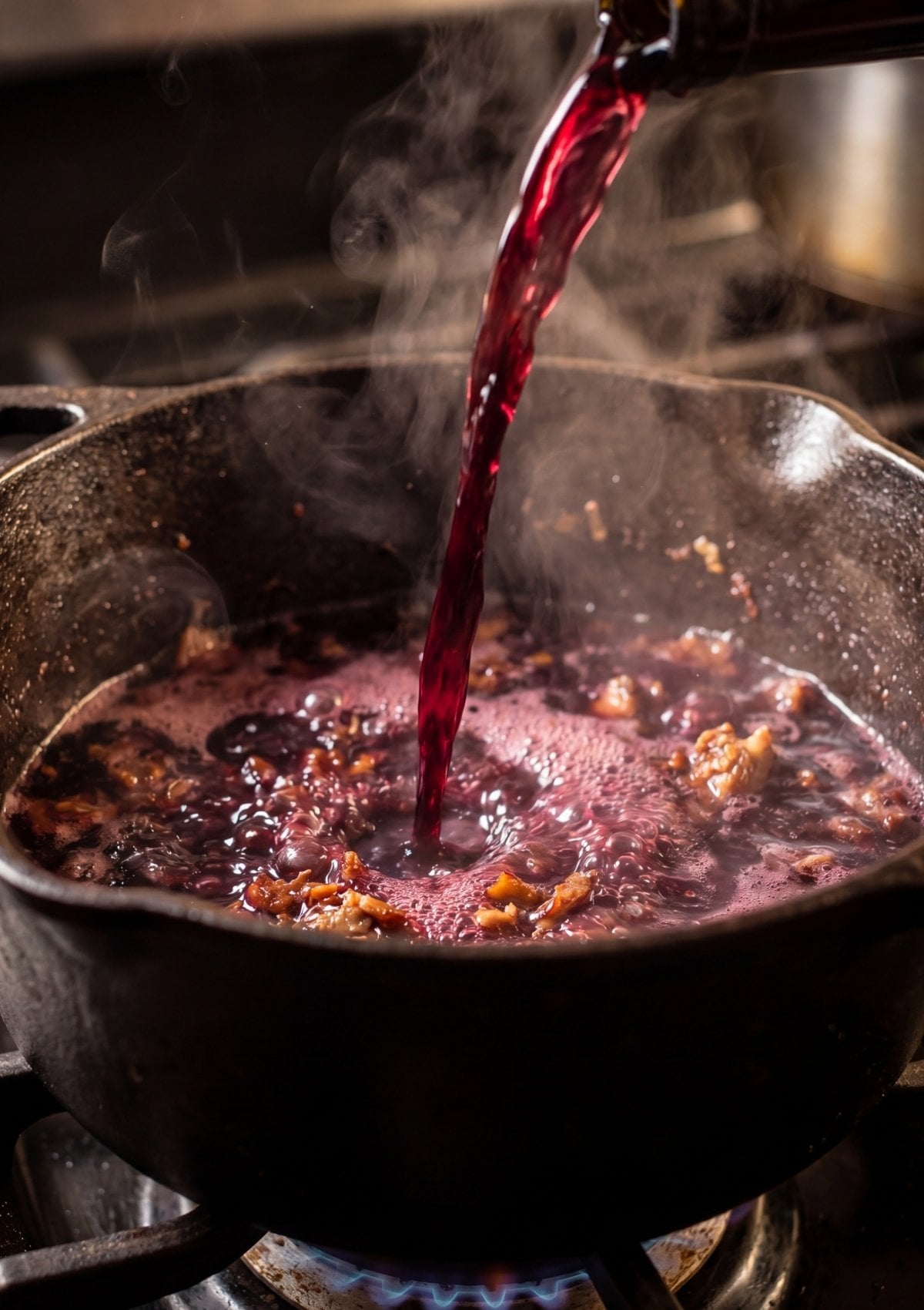 red wine poured into pot for braised wagyu beef short ribs deglazing step
