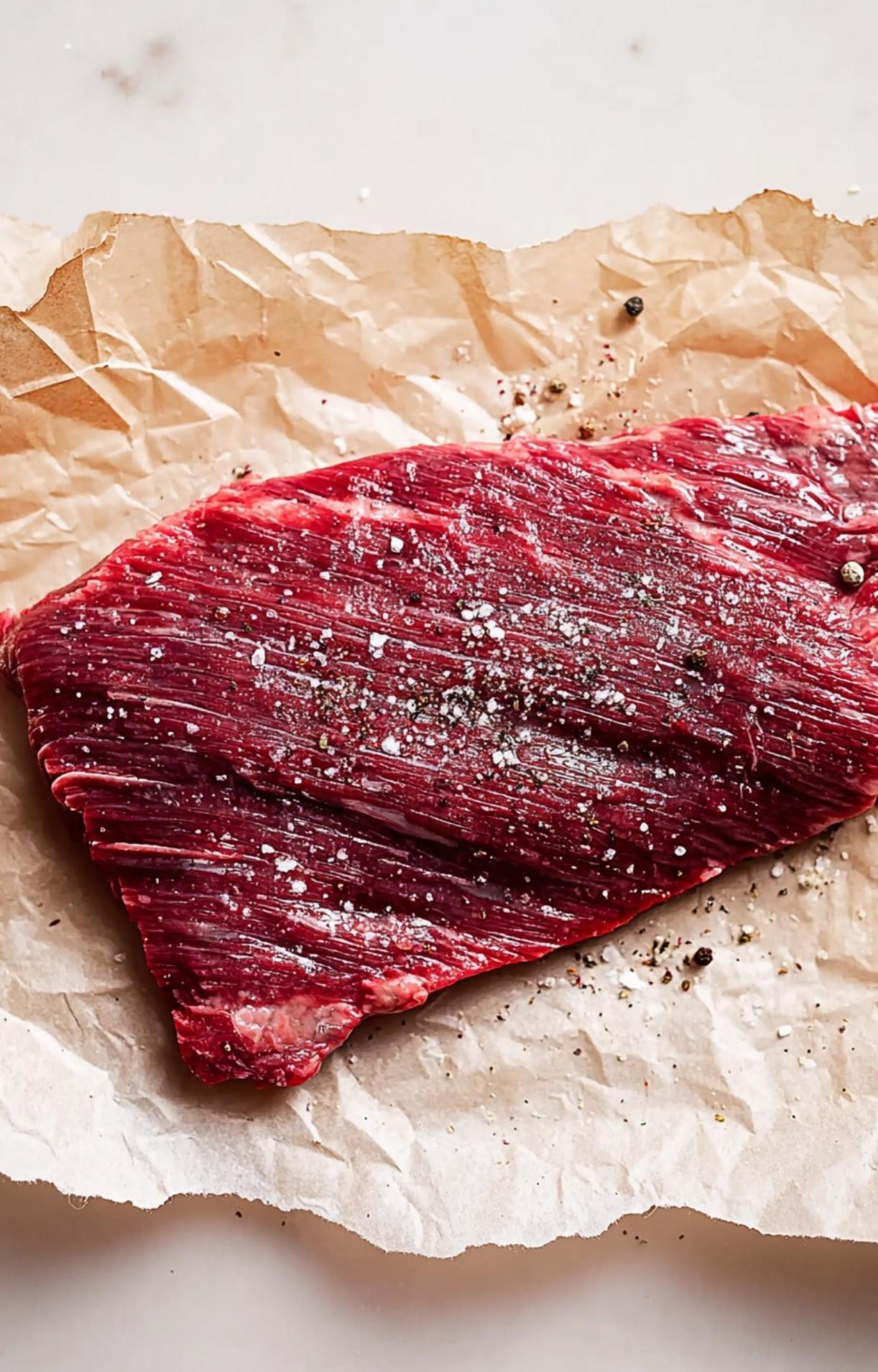 A raw piece of flank steak on brown parchment paper heavily seasoned with coarse salt and cracked black pepper.