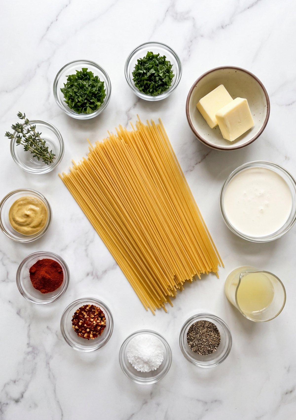 spaghetti butter cream herbs and spices laid out for easy cowboy butter spaghetti recipe prep