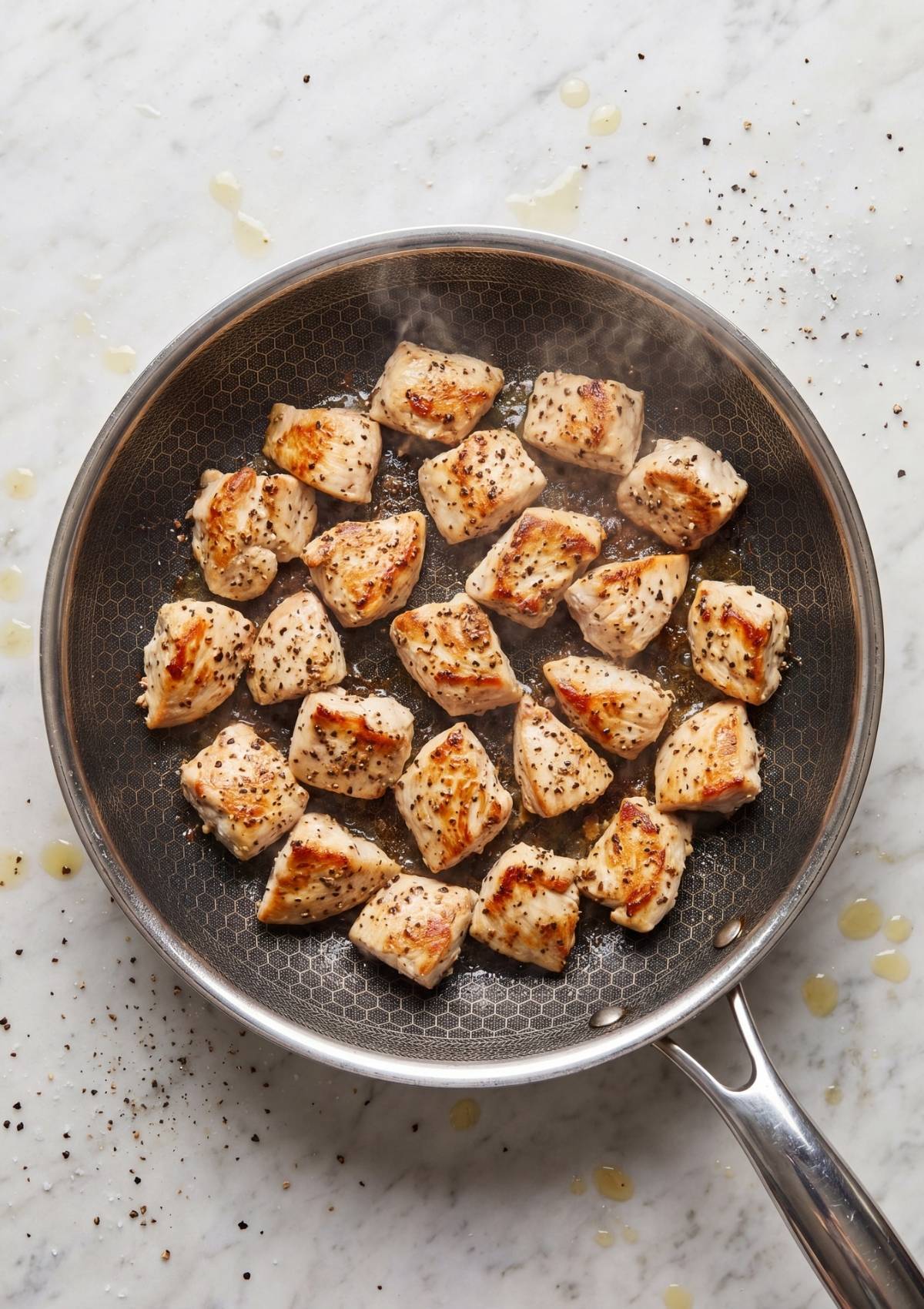 seared chicken pieces in pan for cowboy chicken spaghetti recipe easy creamy pasta dinner
