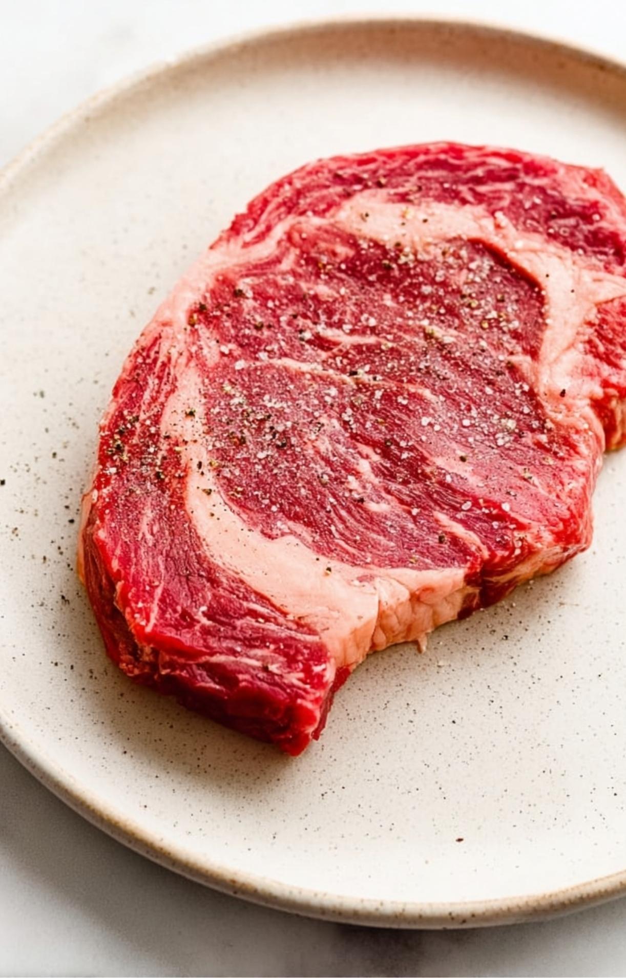 A raw ribeye steak seasoned with salt and pepper on a light-colored plate, the first step in preparing a Healthy Steak Salad Recipe.