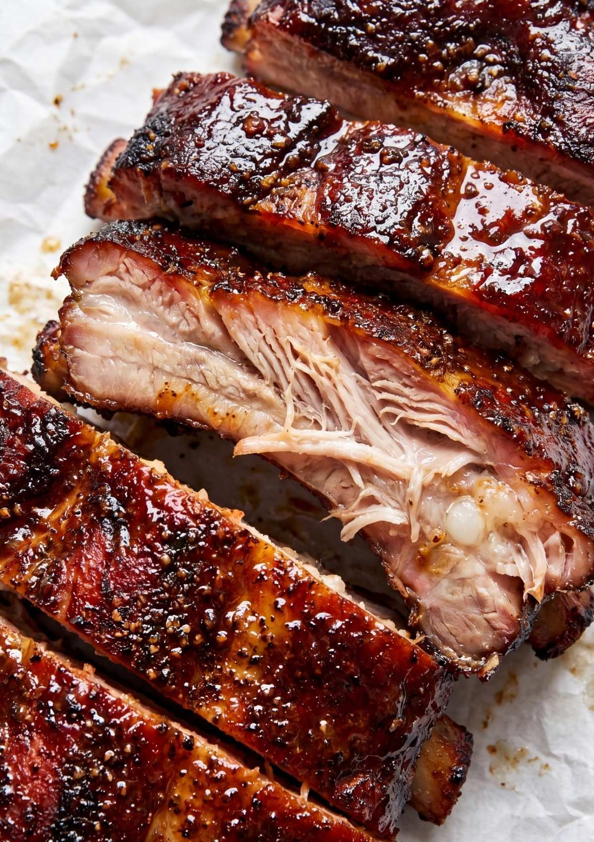 close up of juicy smoked ribs pulling apart with bbq glaze best smoked ribs recipe pellet grill