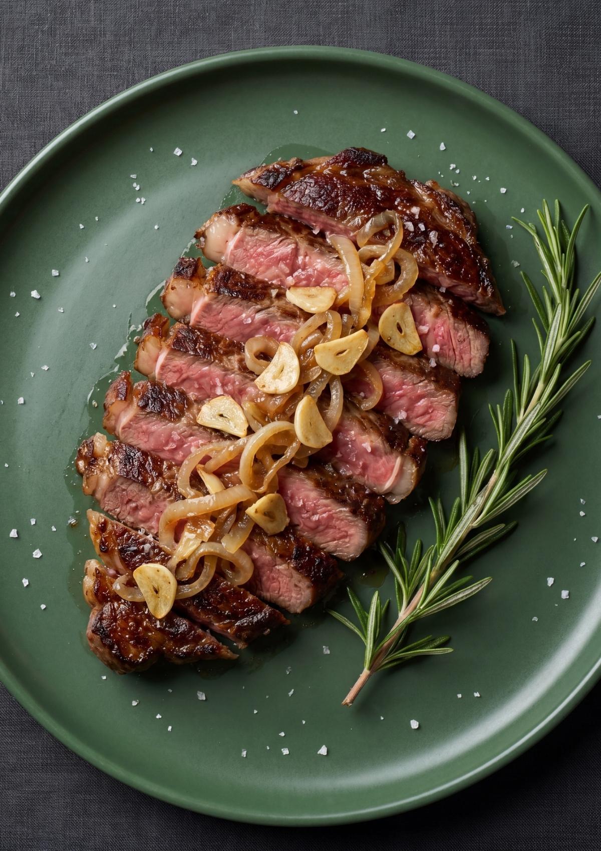 Sliced Wagyu ribeye steak presented on a forest green plate topped with caramelized onions and golden fried garlic chips, garnished with rosemary.