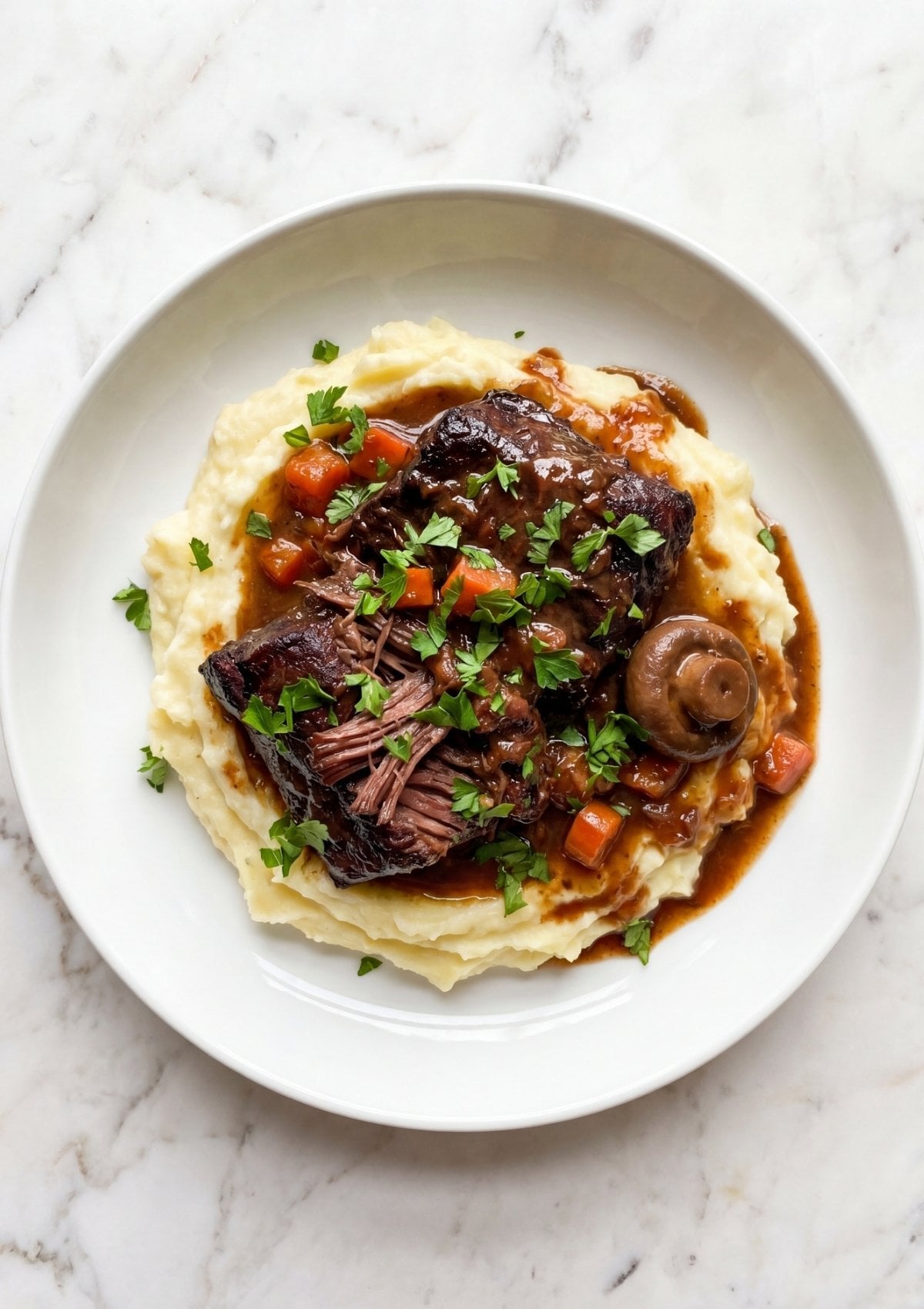 wagyu beef cheek recipe plated on mashed potatoes with gravy carrots mushrooms and fresh parsley