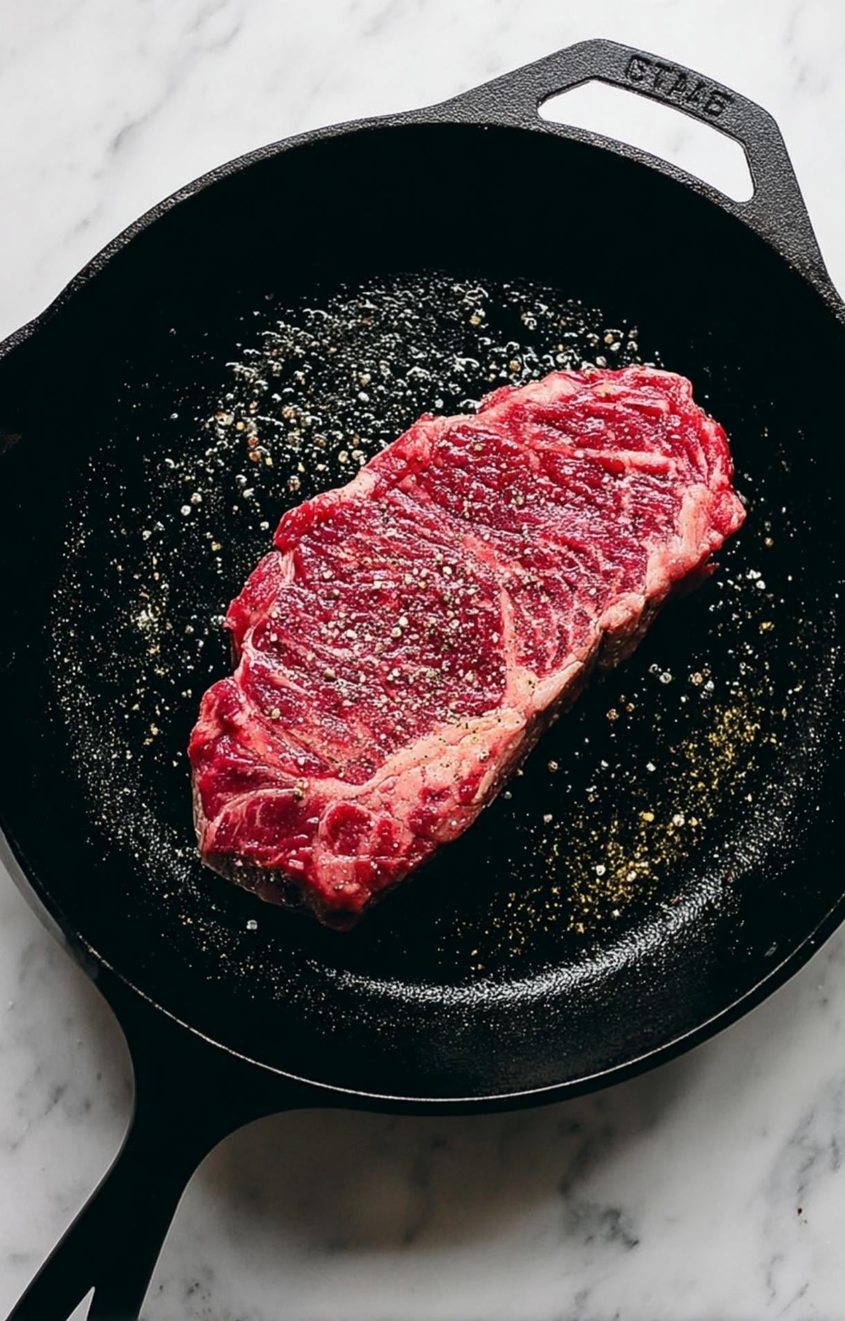 A top-down view of a raw, seasoned steak being placed into a dry, black cast-iron skillet, ready to be seared on a marble countertop.