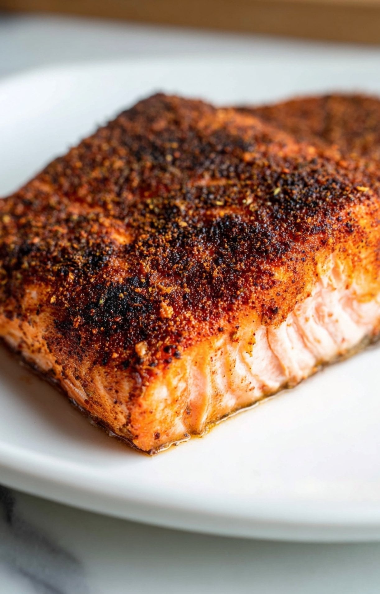 A side view of a perfectly cooked salmon fillet with a dark, crispy blackened crust and tender, moist pink meat visible on the side.