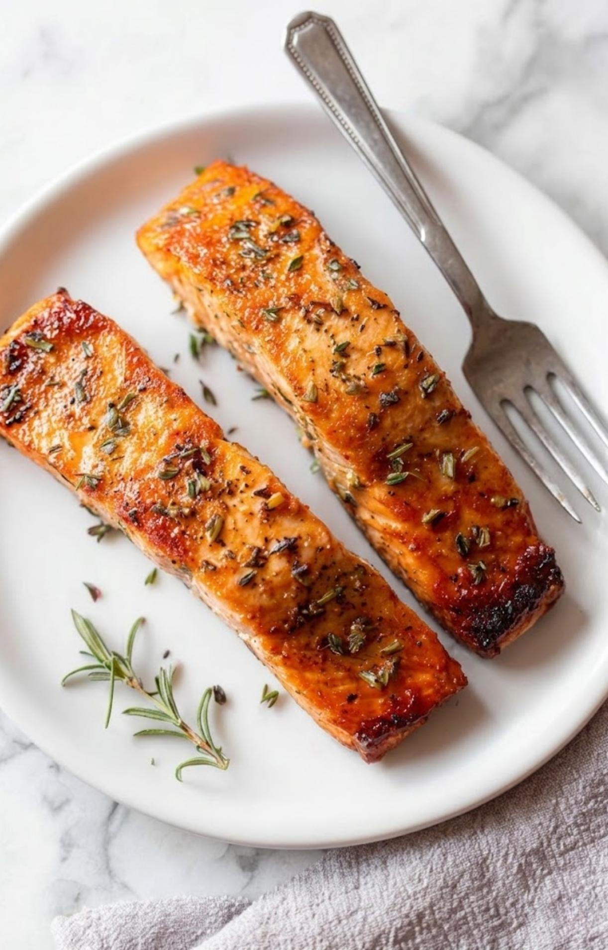 Two cooked salmon fillets seasoned with herbs and spices served on a white plate with a fork and rosemary.