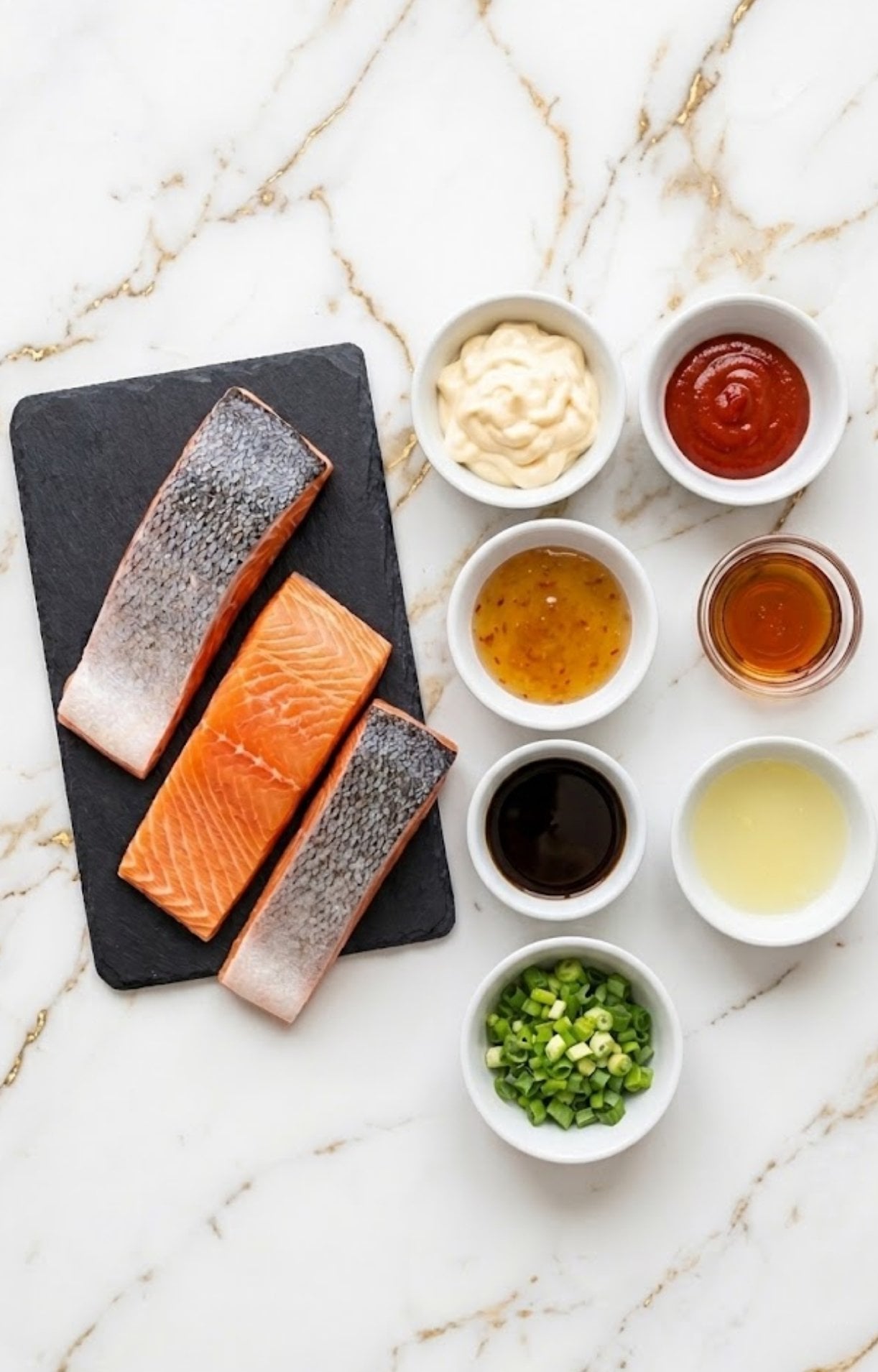 Raw salmon fillets on a slate board surrounded by small bowls of sauce ingredients.