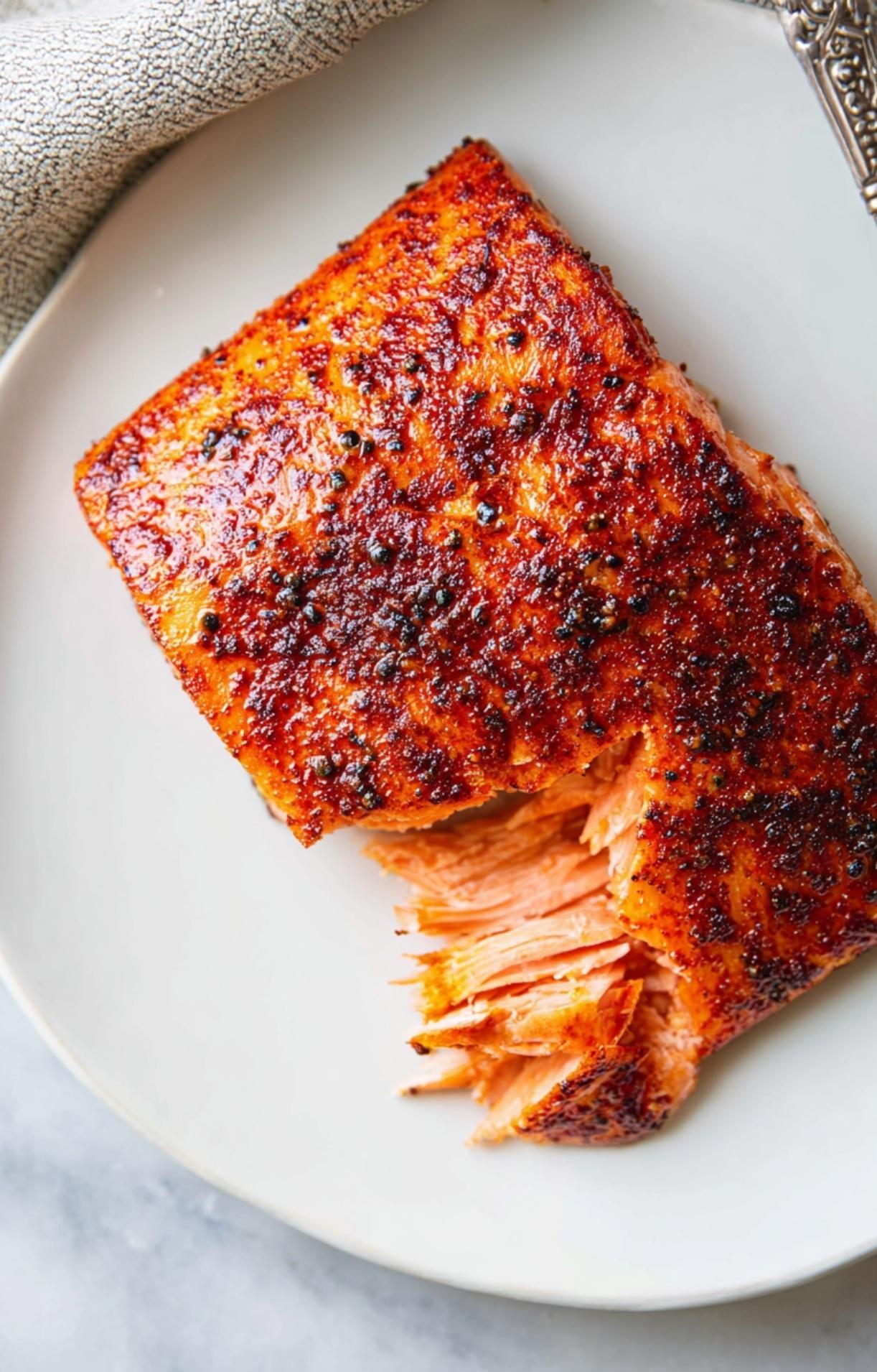 A top-down view of a cooked sockeye salmon air fryer fillet with a piece flaked off to show the internal doneness.