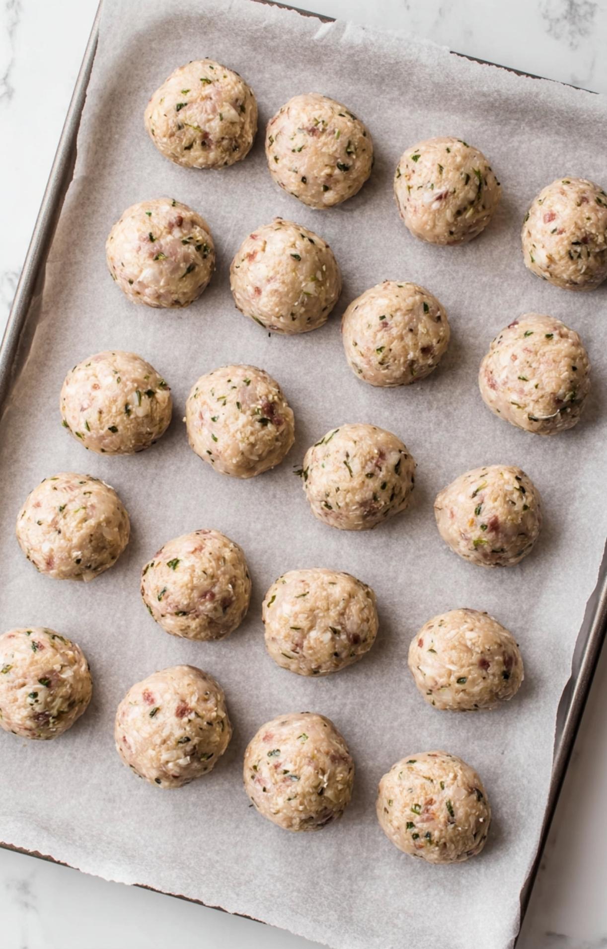 A baking sheet lined with parchment paper holding rows of raw, hand-rolled chicken meatballs ready for the air fryer.
